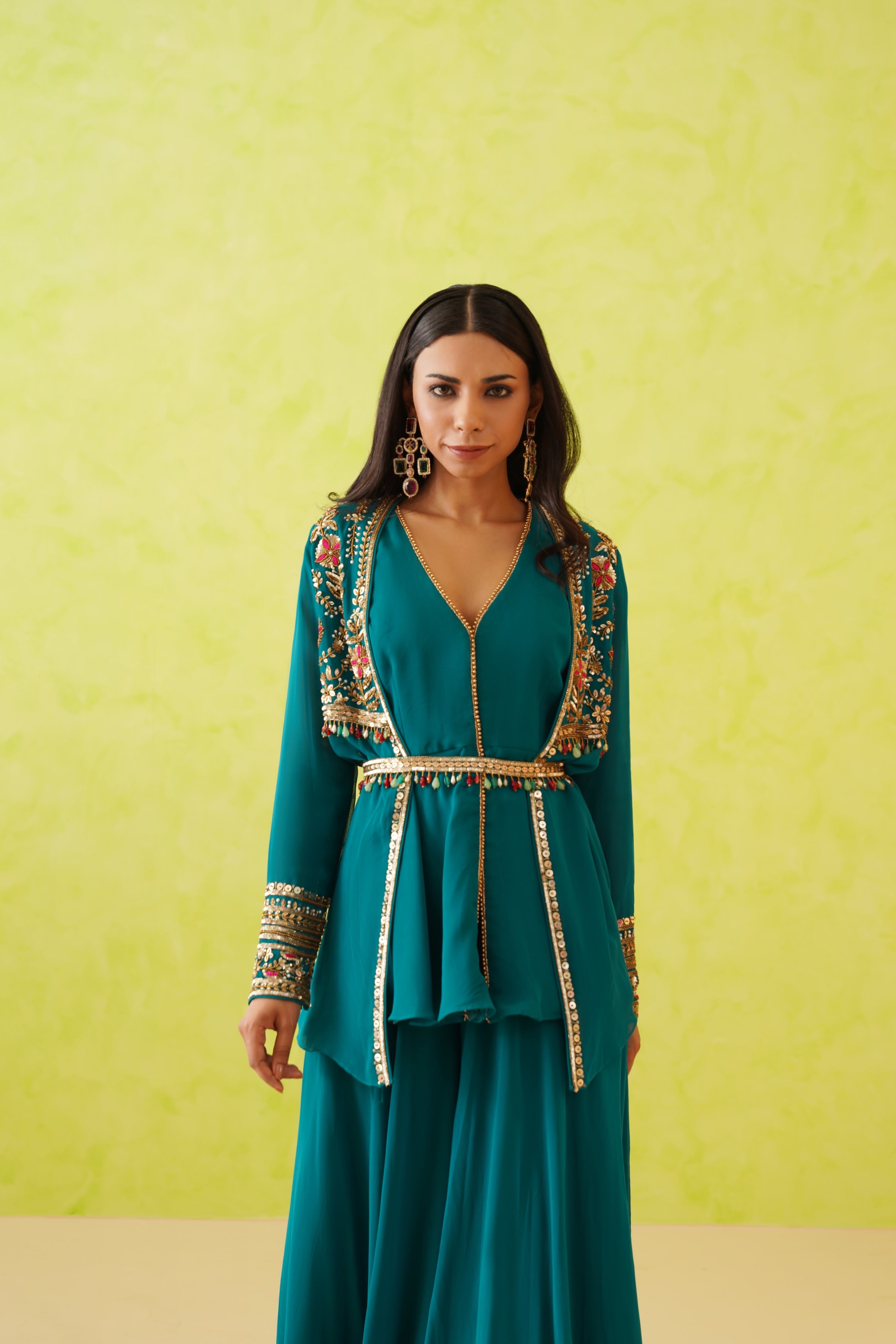 GREEN JACKET LONG TOP AND SHARARA SET