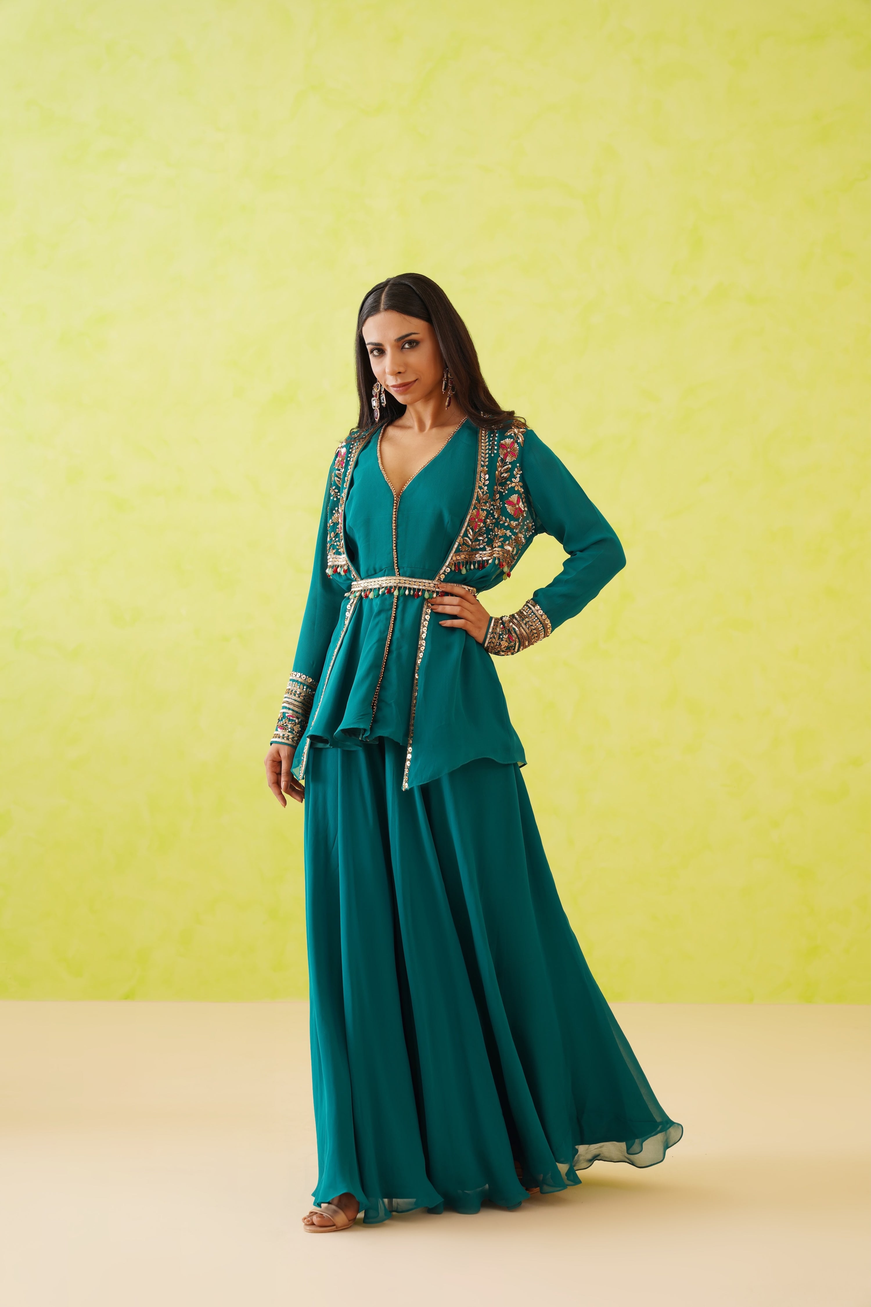 GREEN JACKET LONG TOP AND SHARARA SET