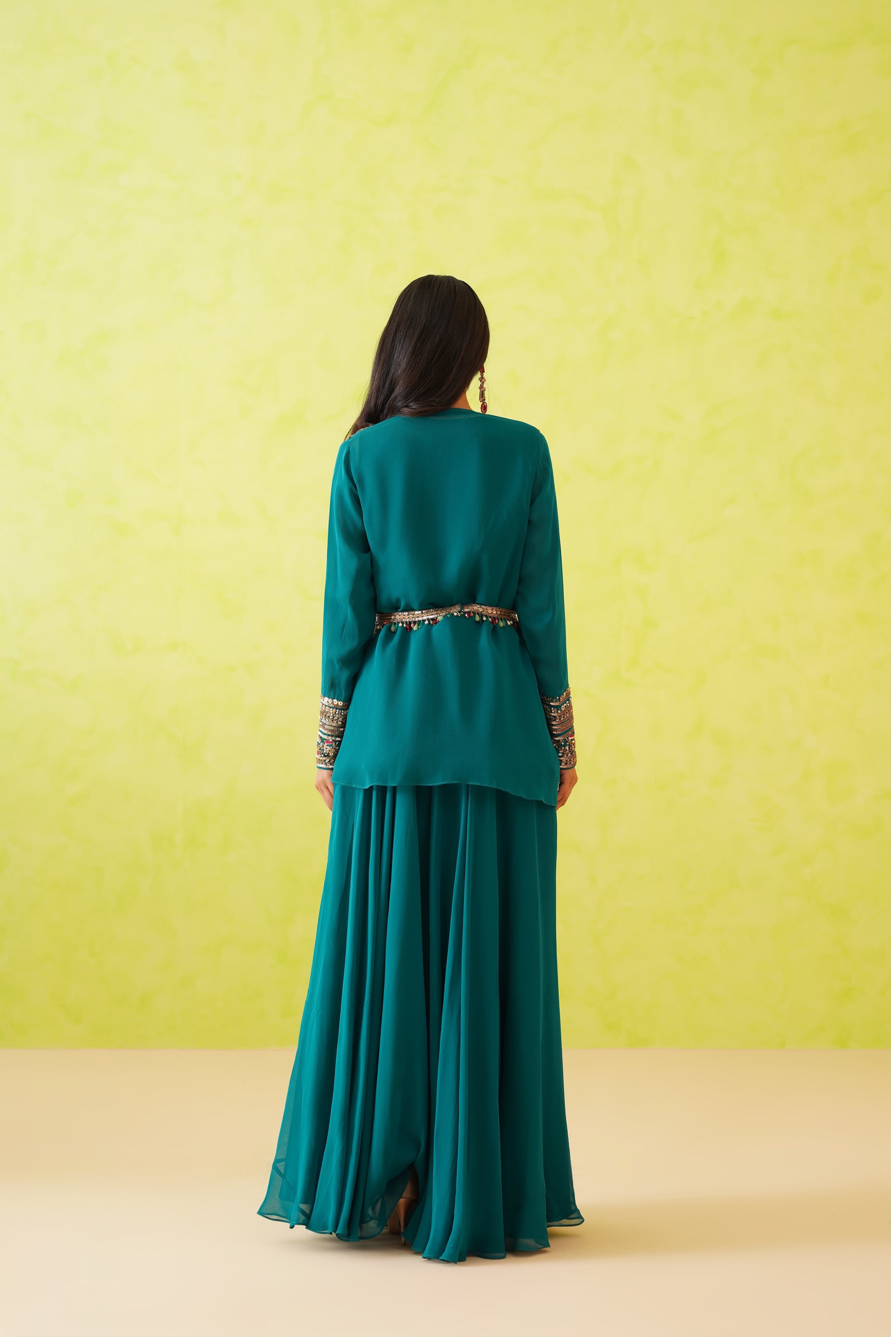 GREEN JACKET LONG TOP AND SHARARA SET
