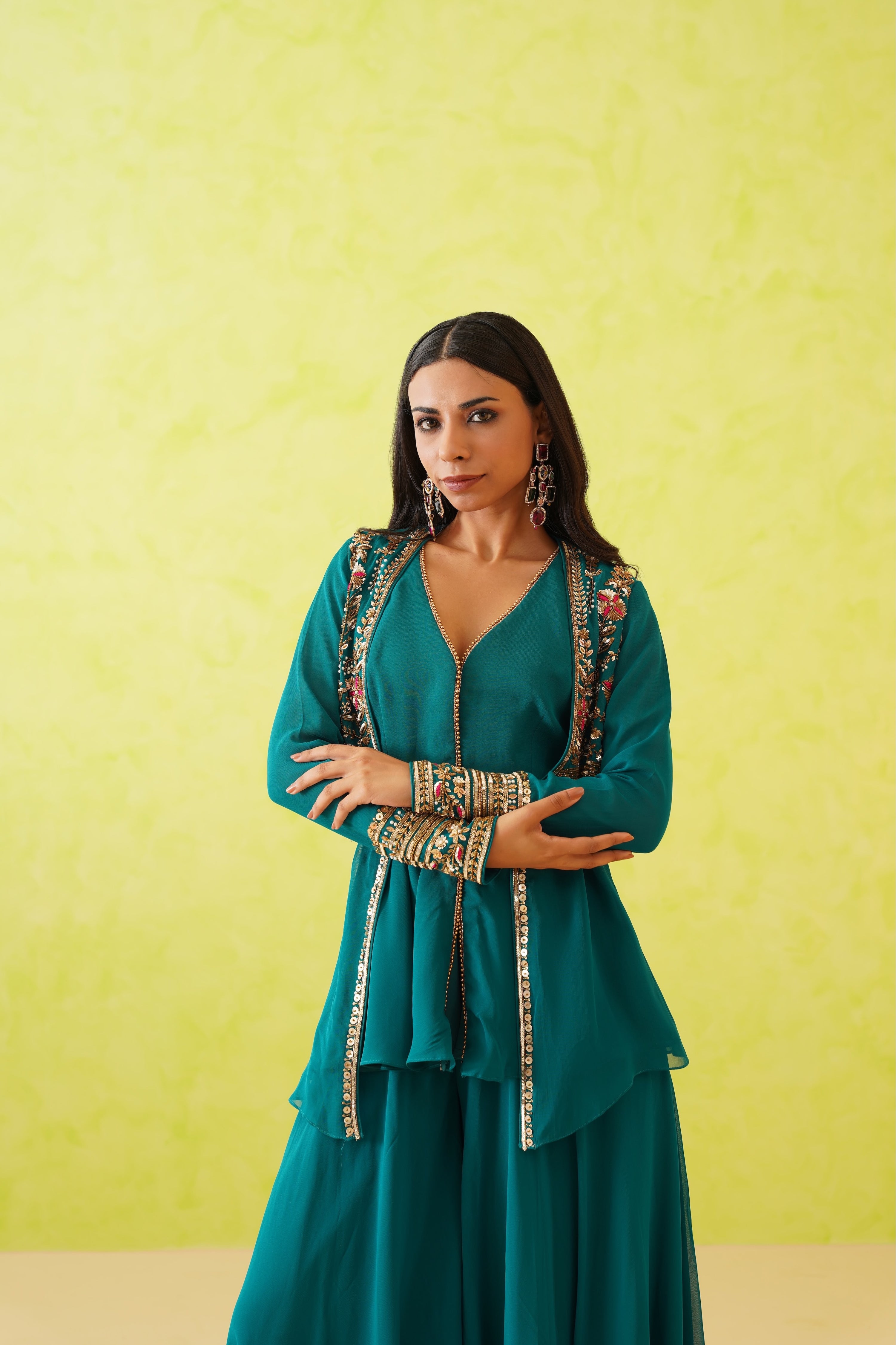 GREEN JACKET LONG TOP AND SHARARA SET
