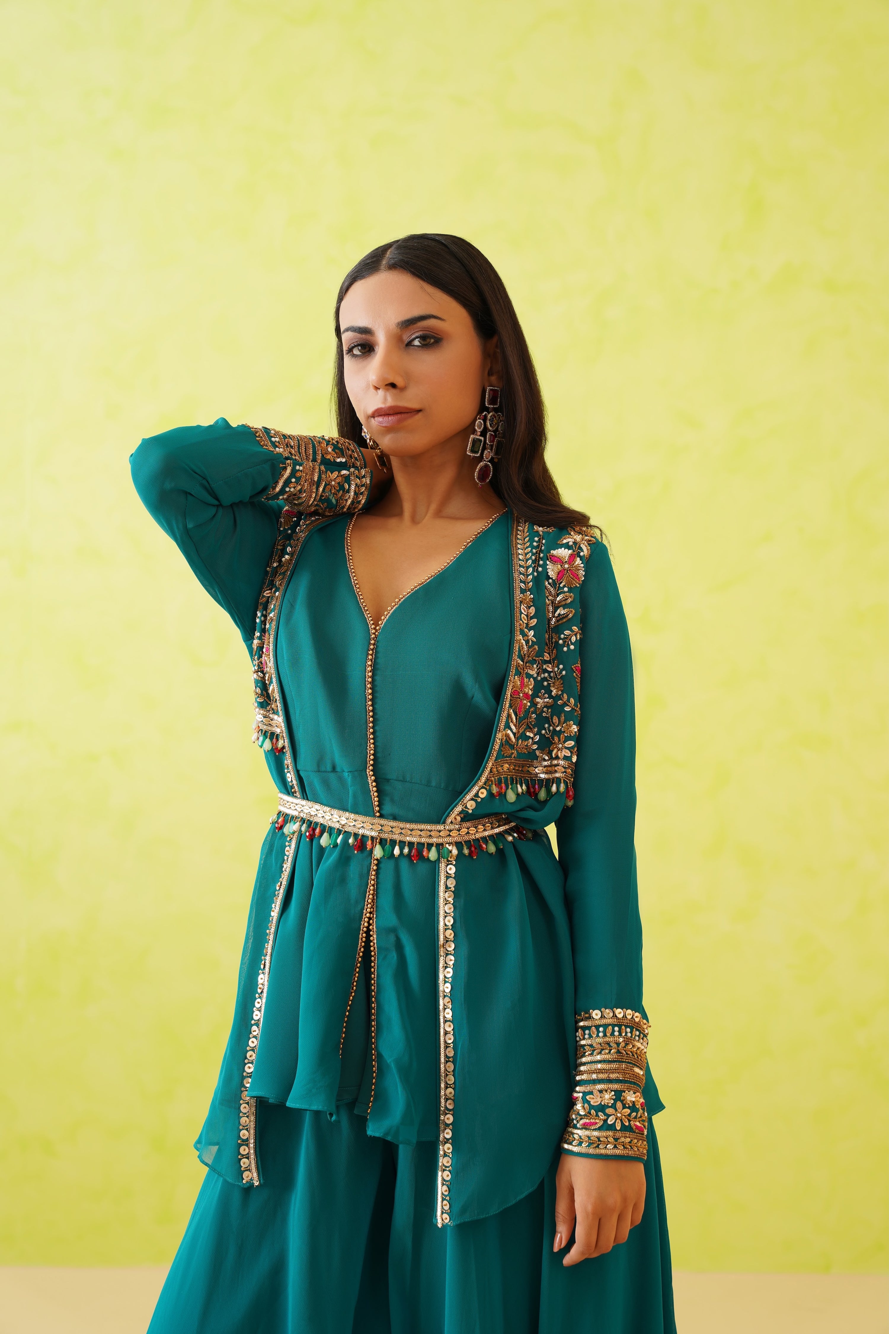 GREEN JACKET LONG TOP AND SHARARA SET