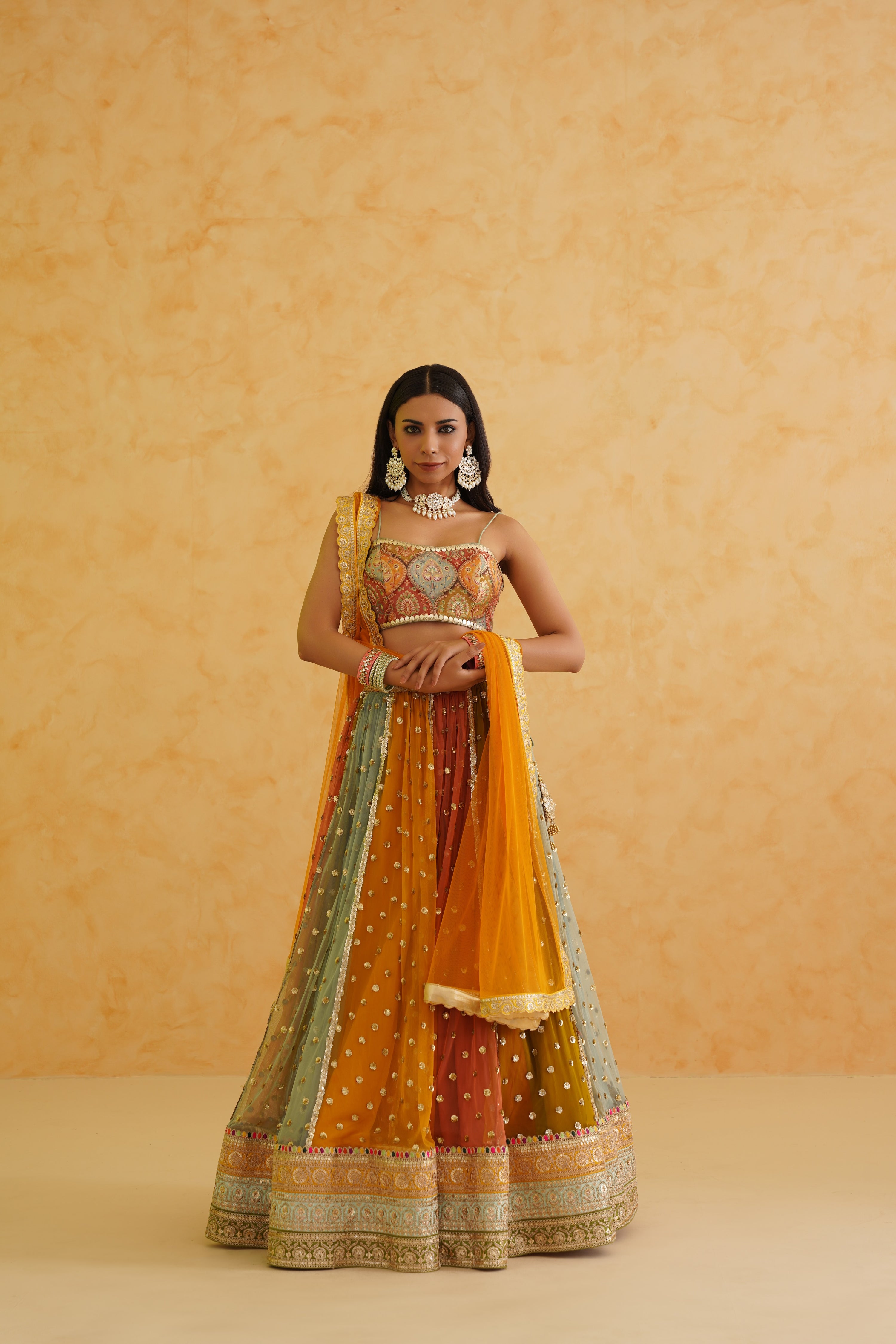 MULTI COLORED LEHENGA, BLOUSE AND DUPATTA SET