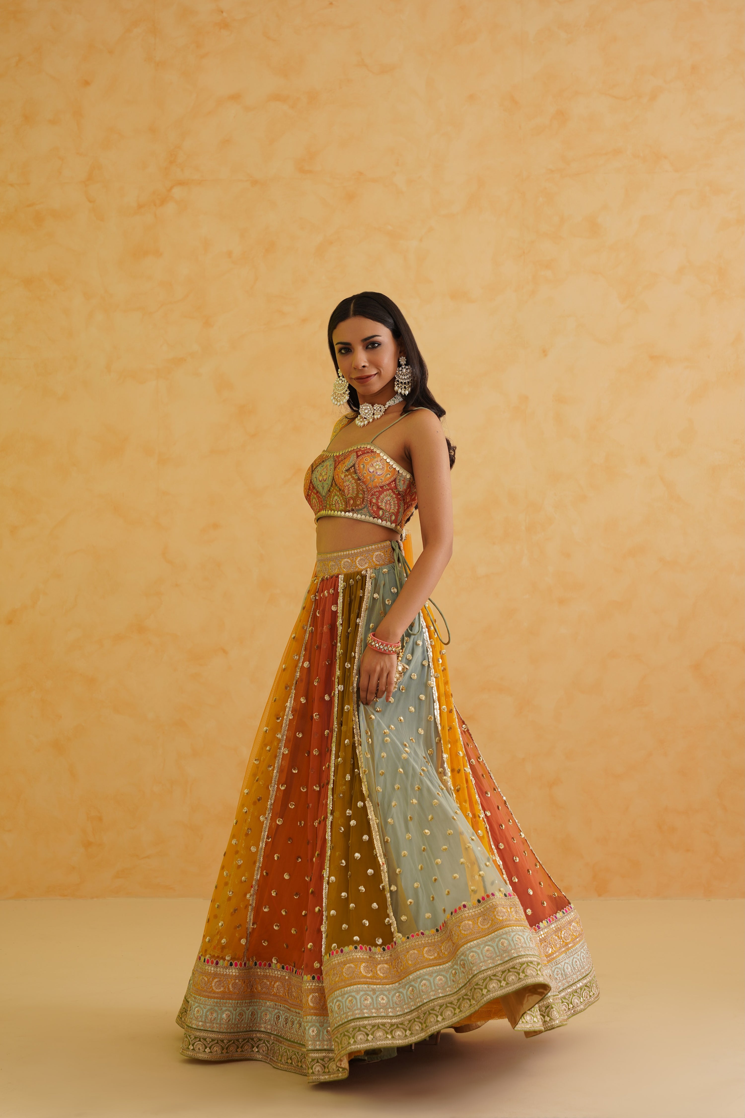 MULTI COLORED LEHENGA, BLOUSE AND DUPATTA SET