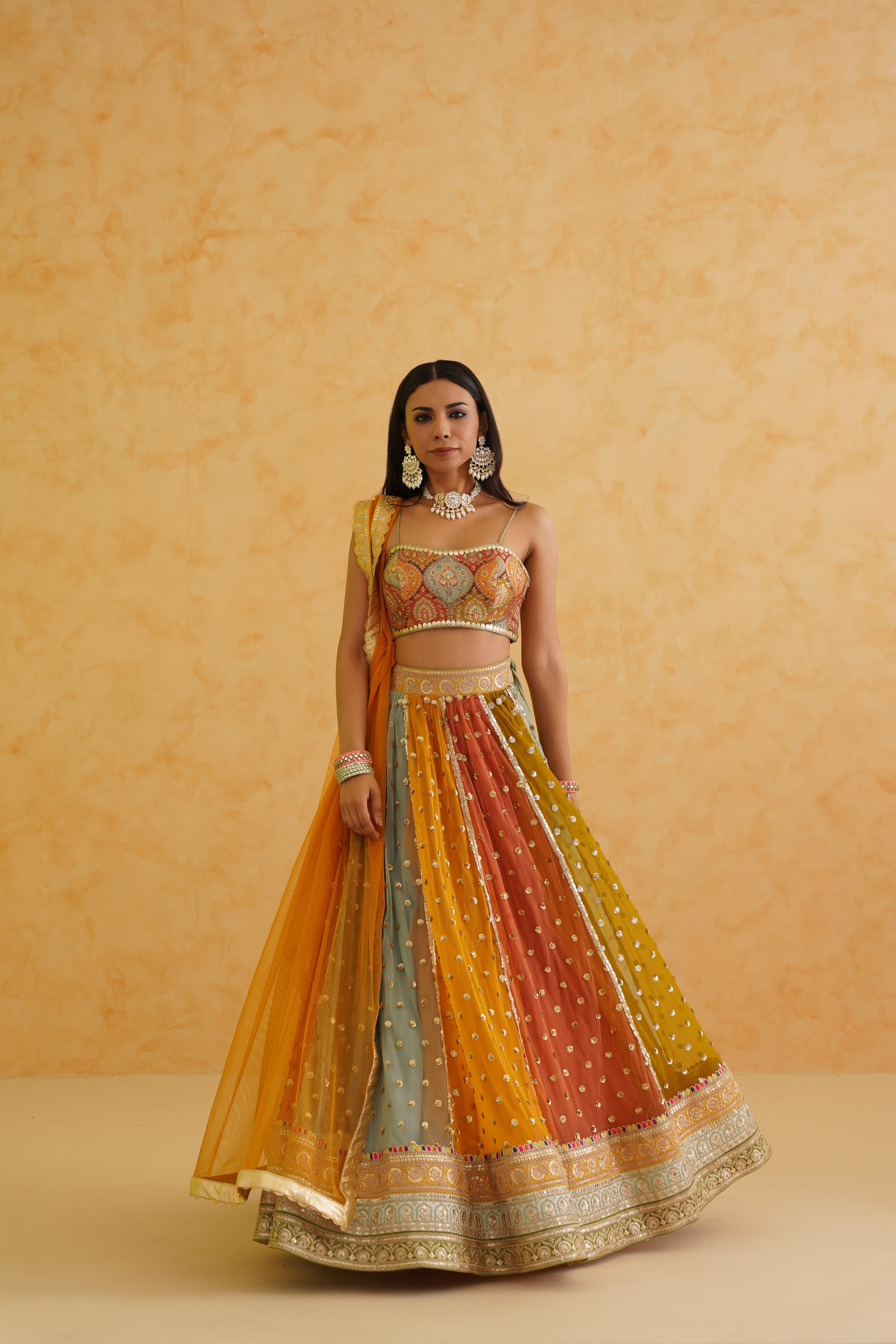 MULTI COLORED LEHENGA, BLOUSE AND DUPATTA SET