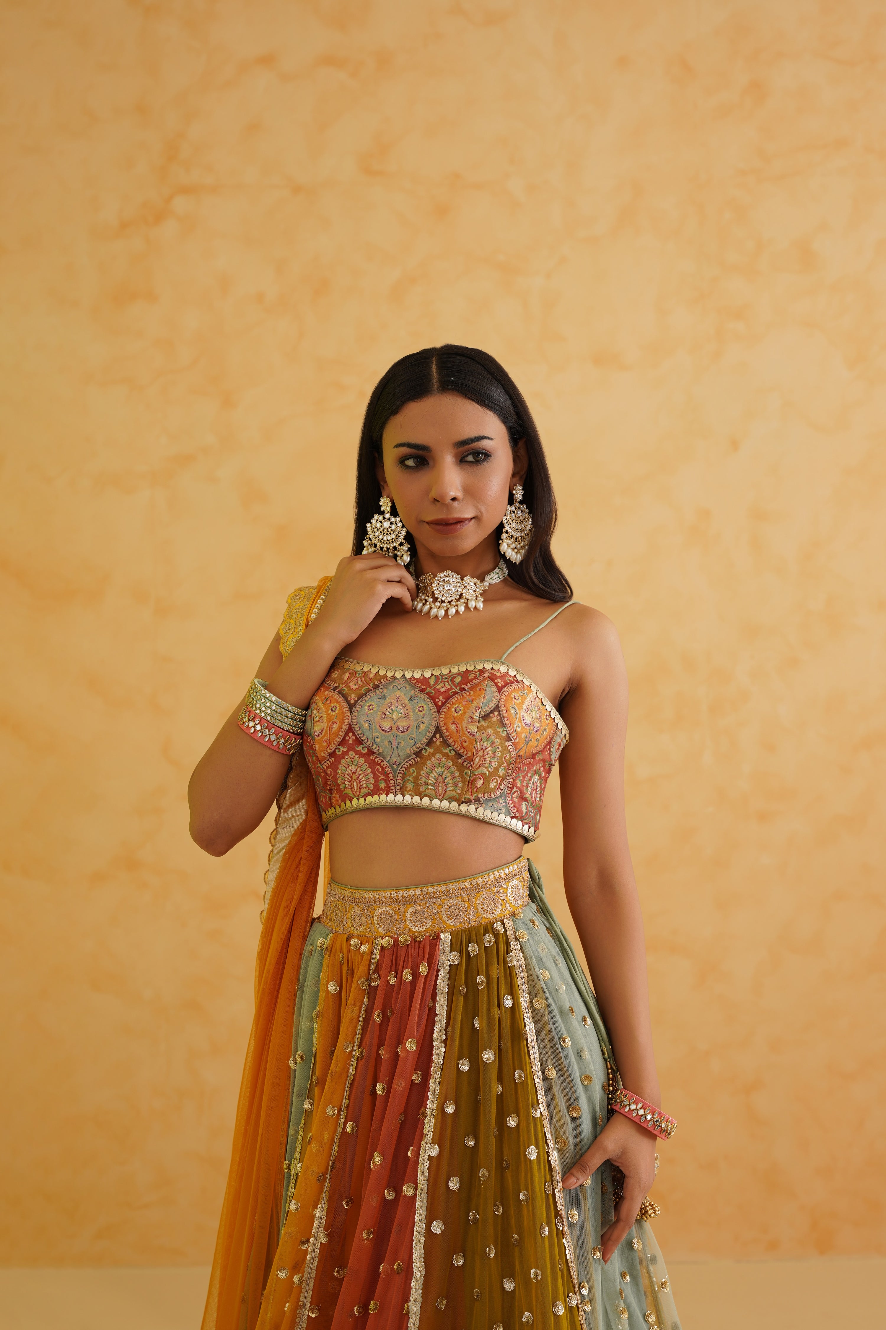 MULTI COLORED LEHENGA, BLOUSE AND DUPATTA SET