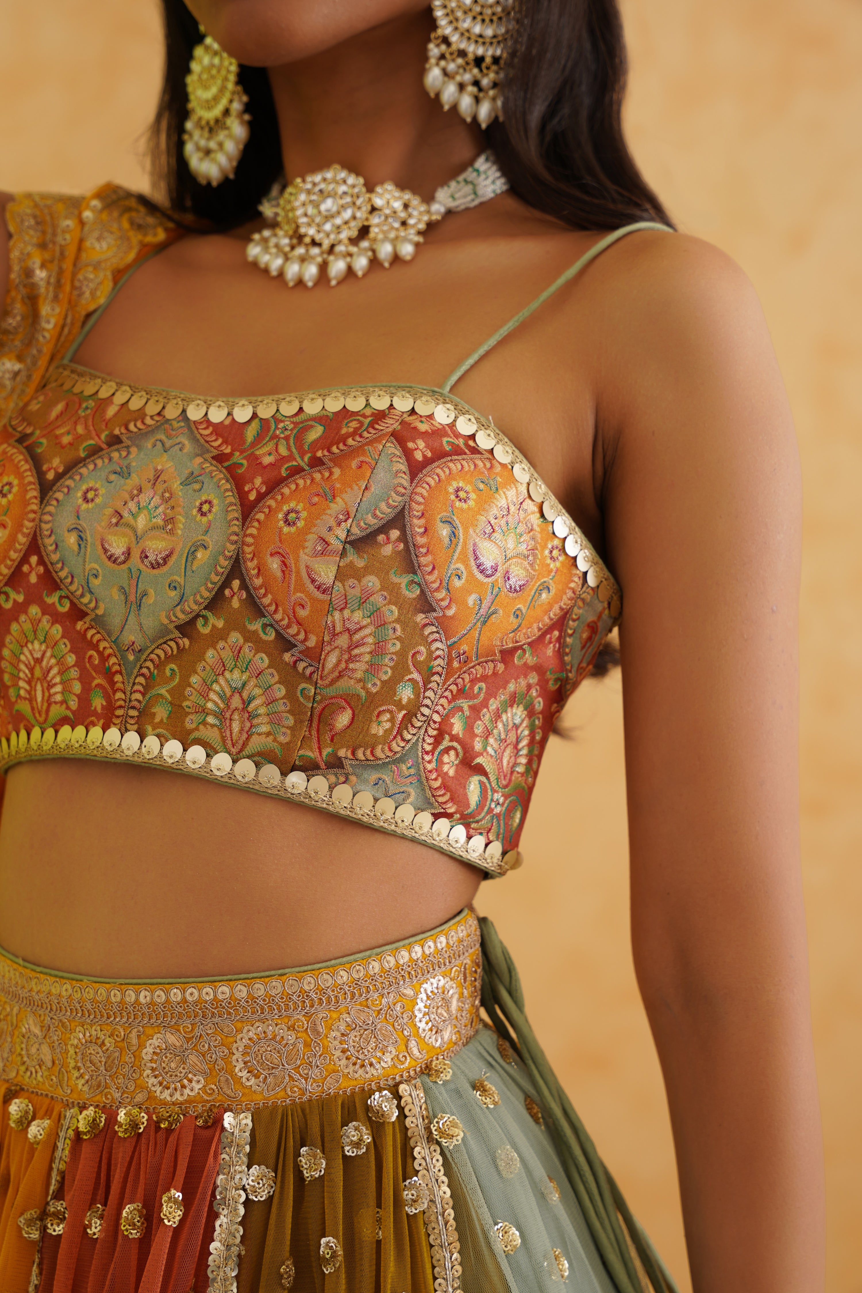 MULTI COLORED LEHENGA, BLOUSE AND DUPATTA SET