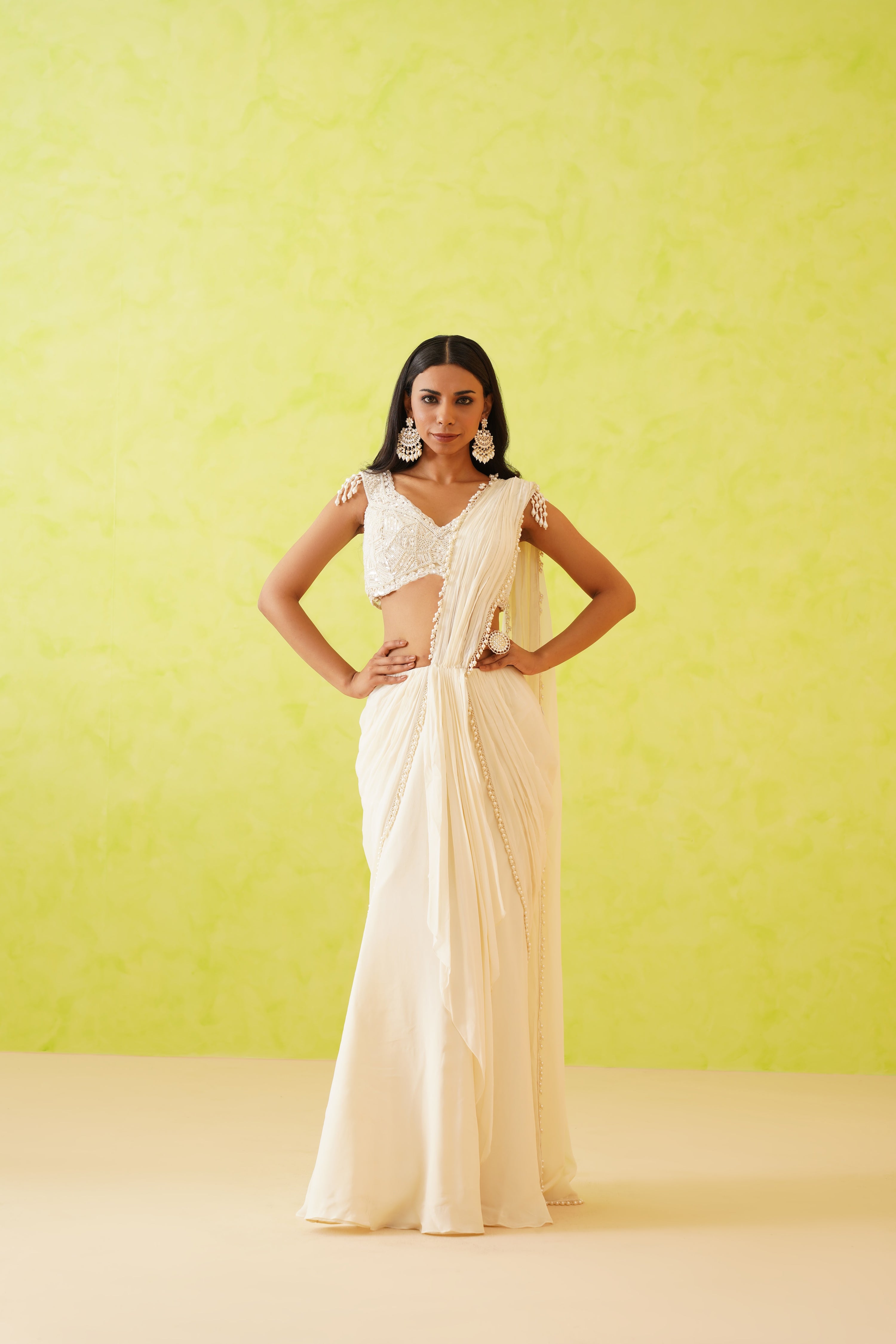 WHITE DRAPE SAREE AND EMBROIDERED BLOUSE SET