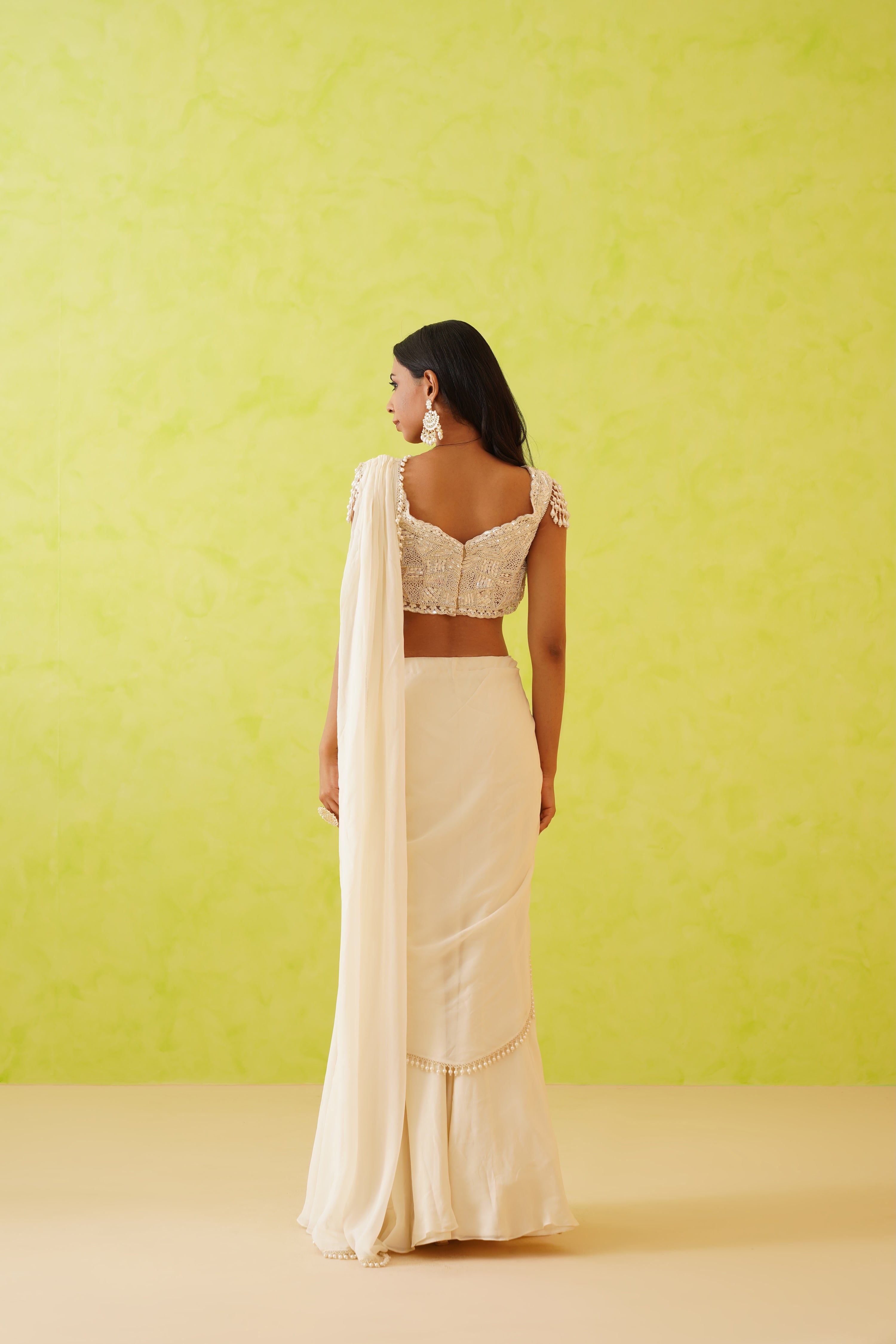 WHITE DRAPE SAREE AND EMBROIDERED BLOUSE SET