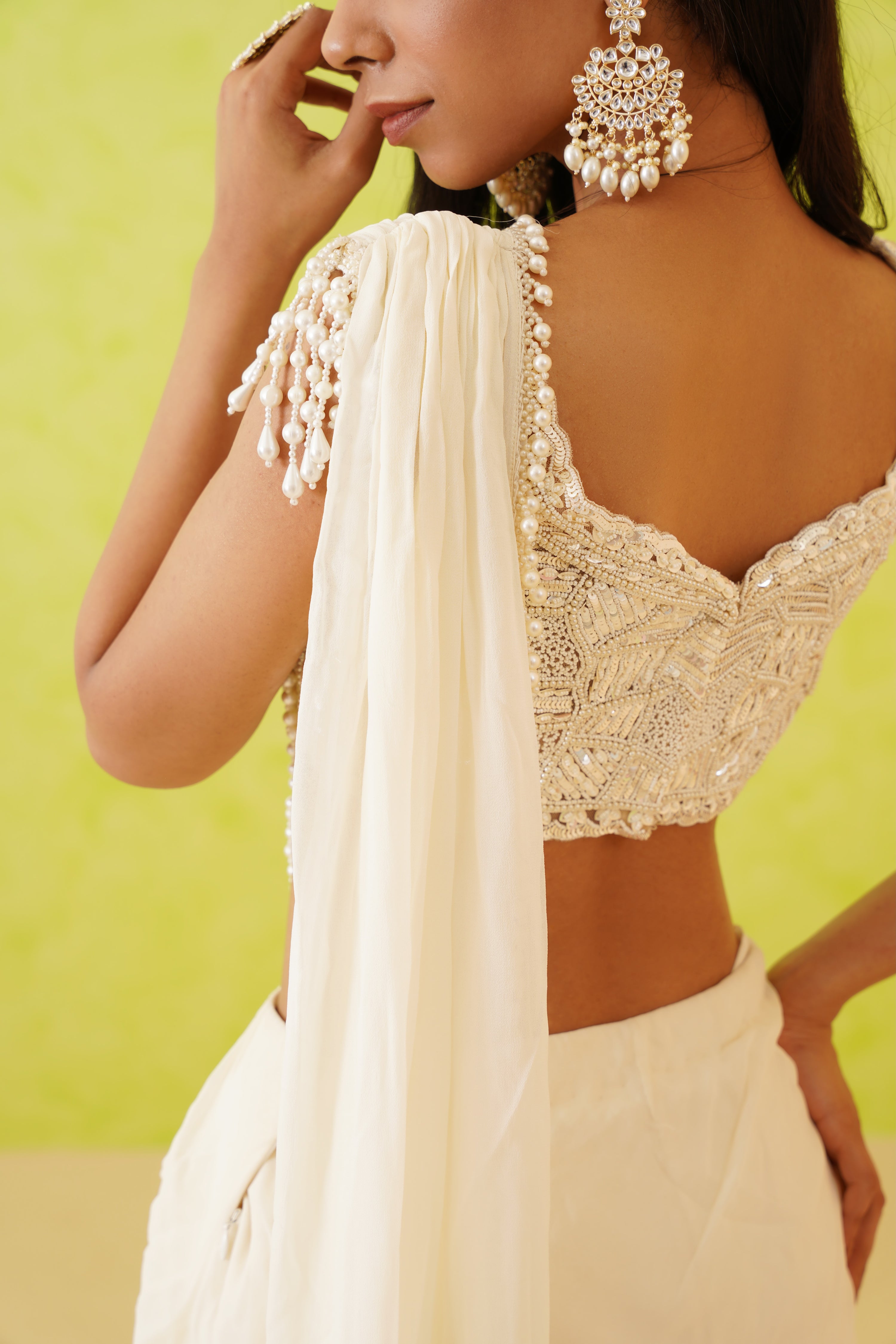 WHITE DRAPE SAREE AND EMBROIDERED BLOUSE SET