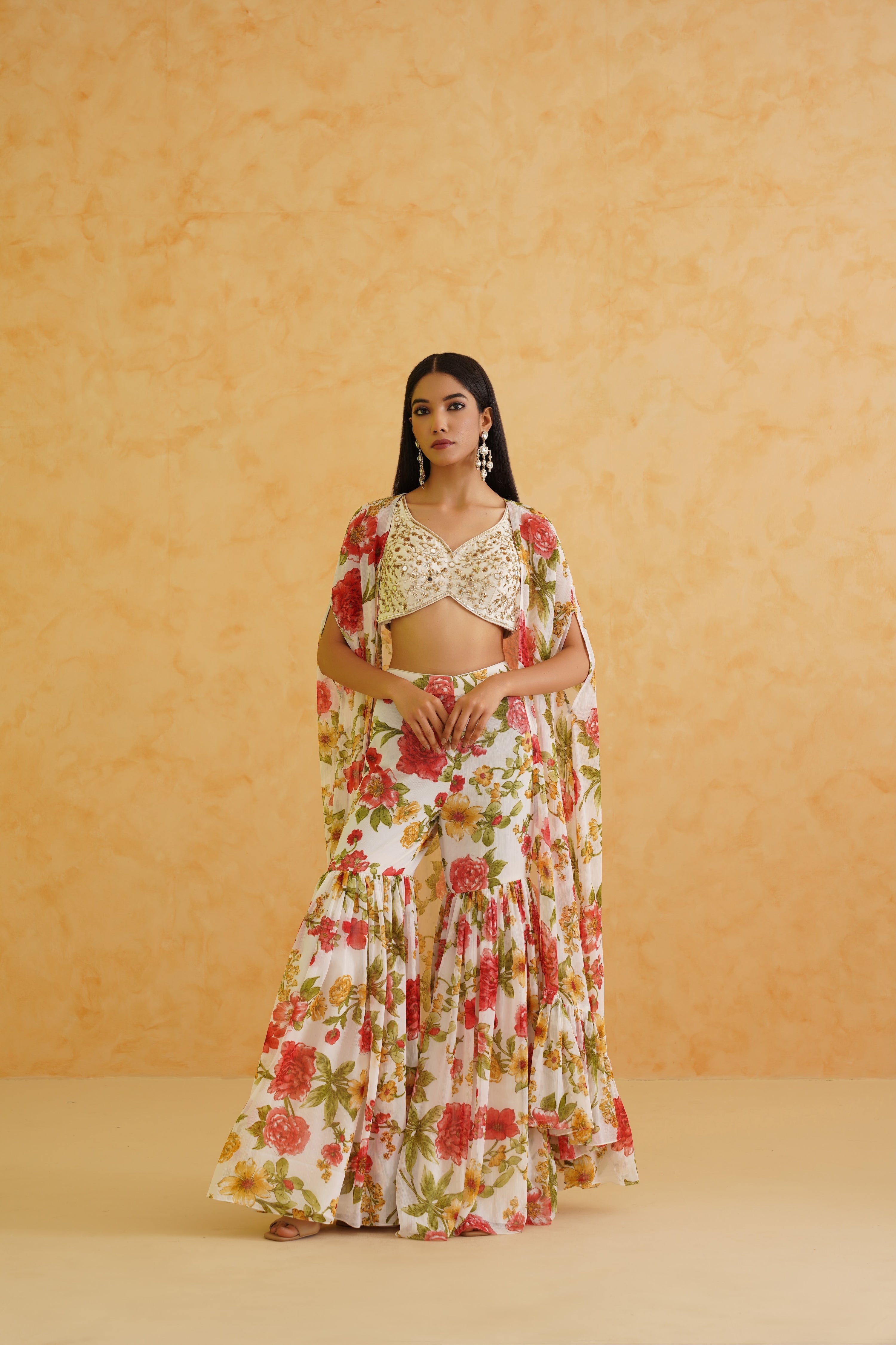WHITE EMBROIDERED CROP TOP, JACKET AND GARARA SET