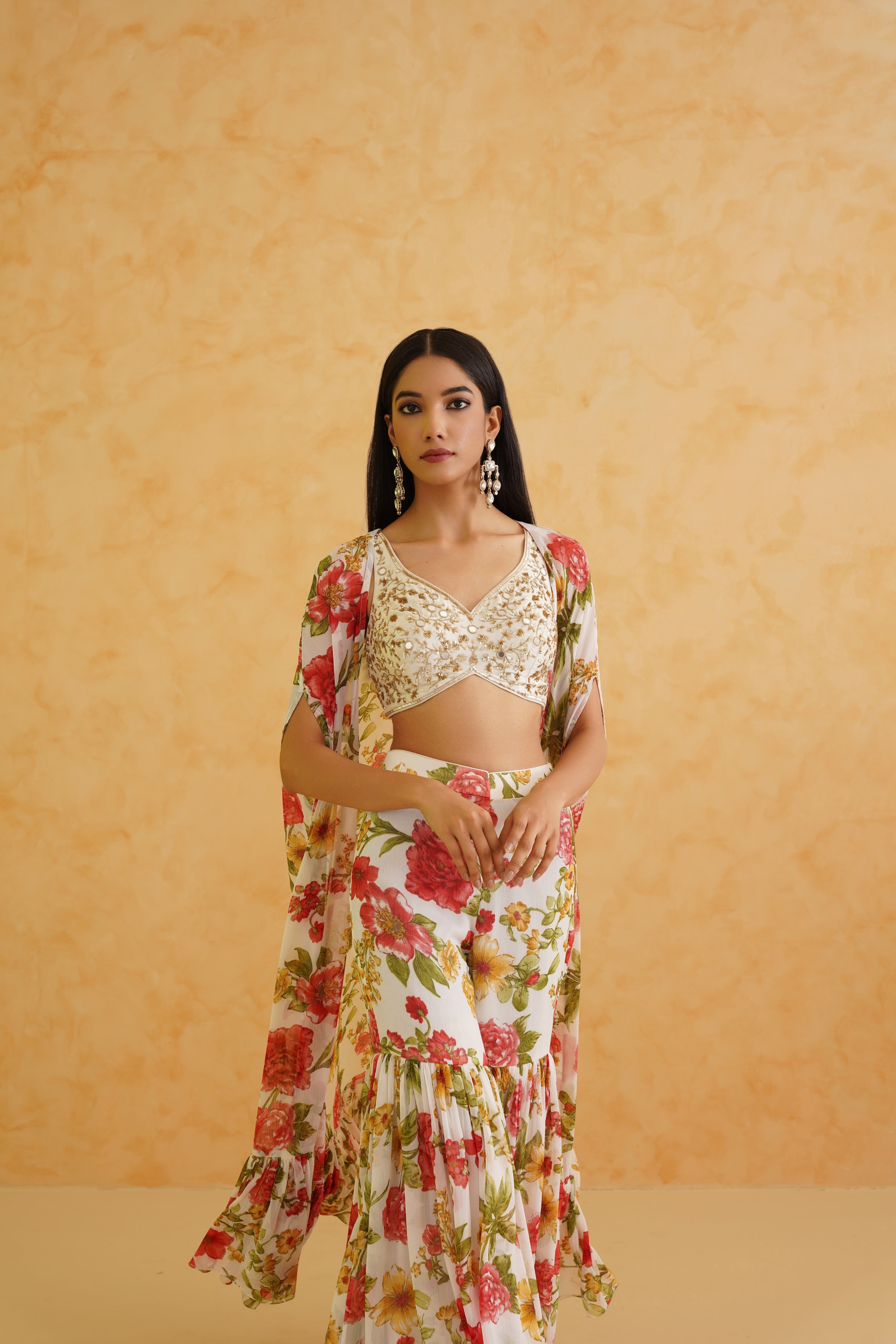 WHITE EMBROIDERED CROP TOP, JACKET AND GARARA SET