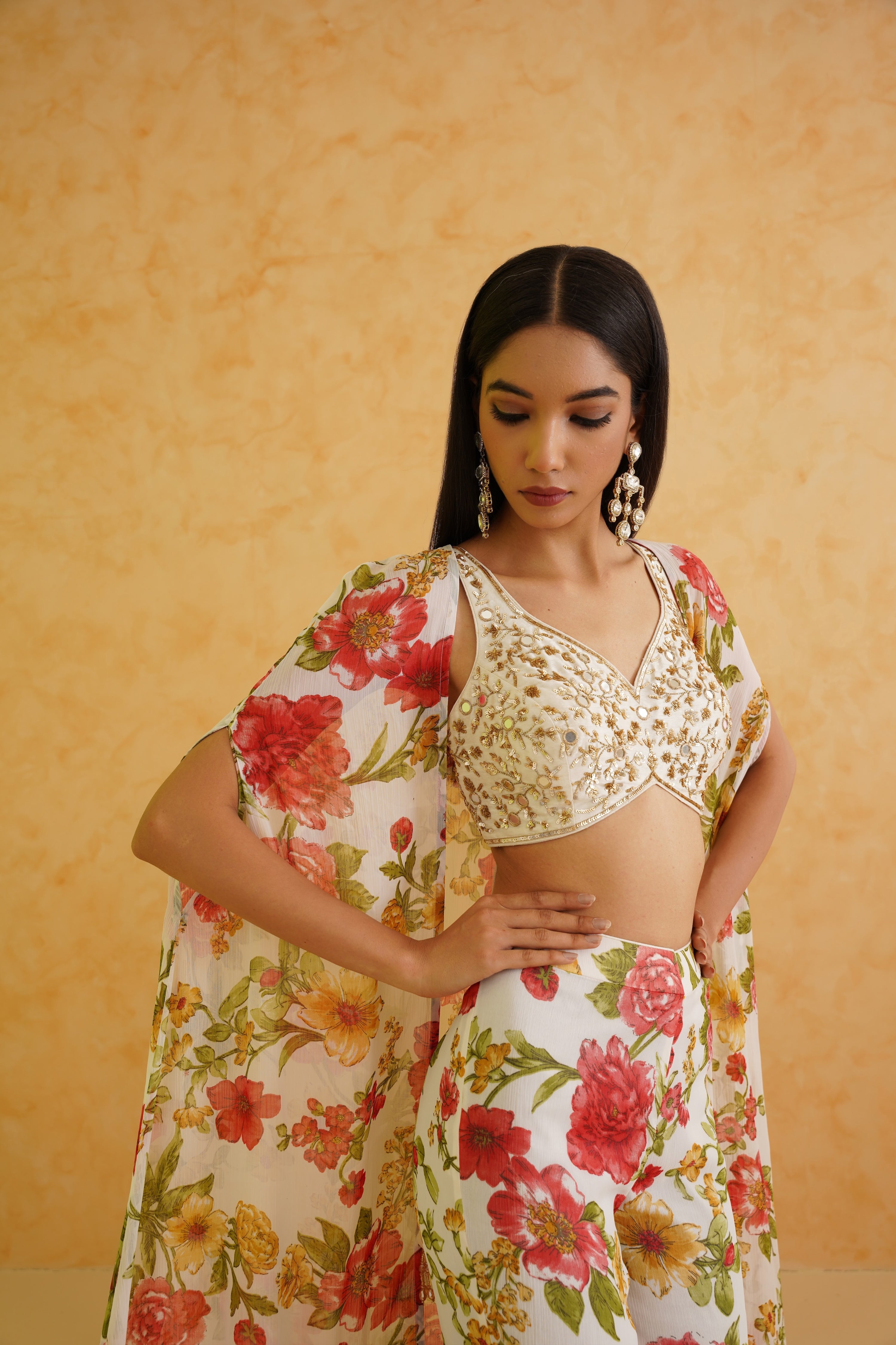 WHITE EMBROIDERED CROP TOP, JACKET AND GARARA SET