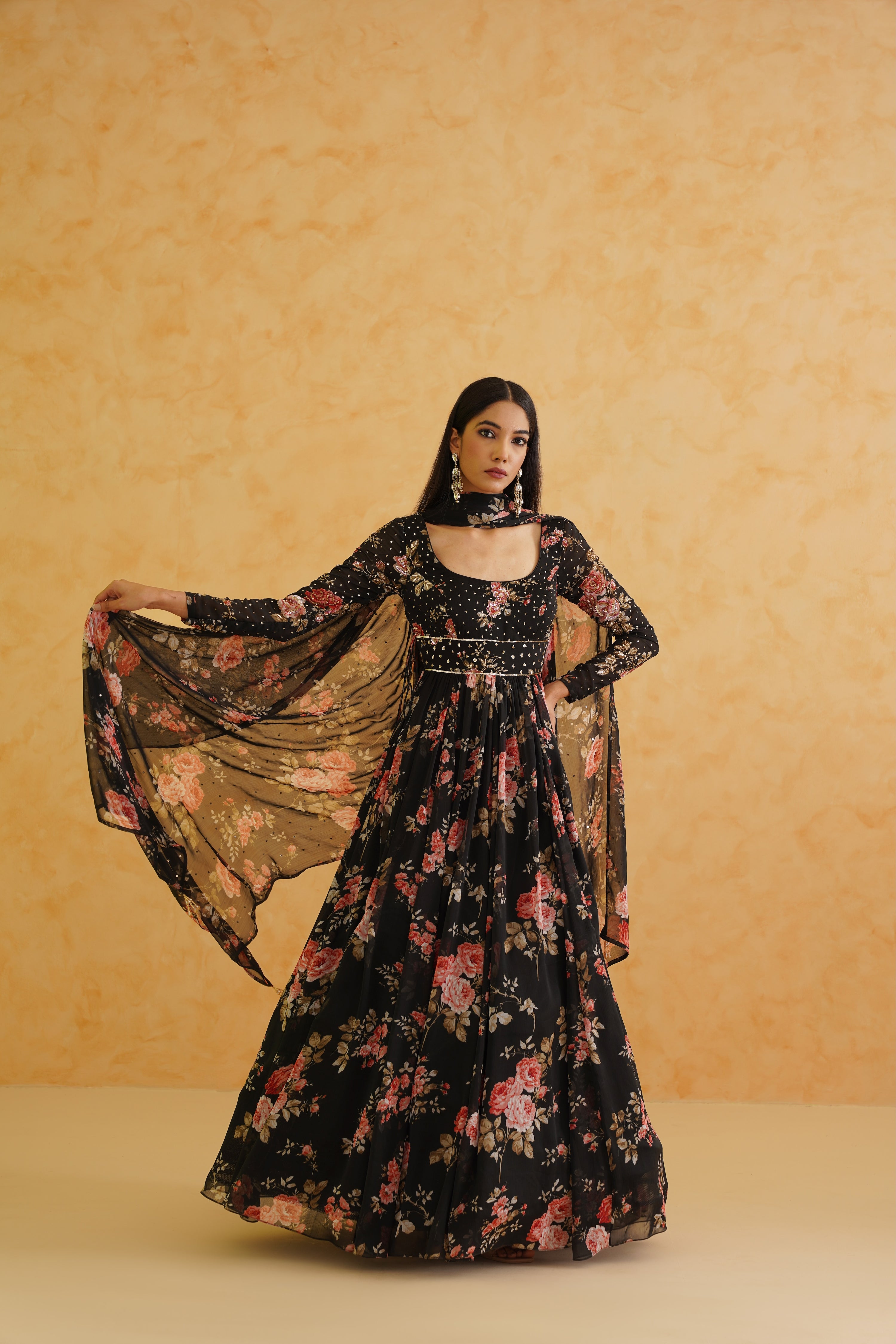 BLACK PRINTED ANARKALI AND DUPATTA SET