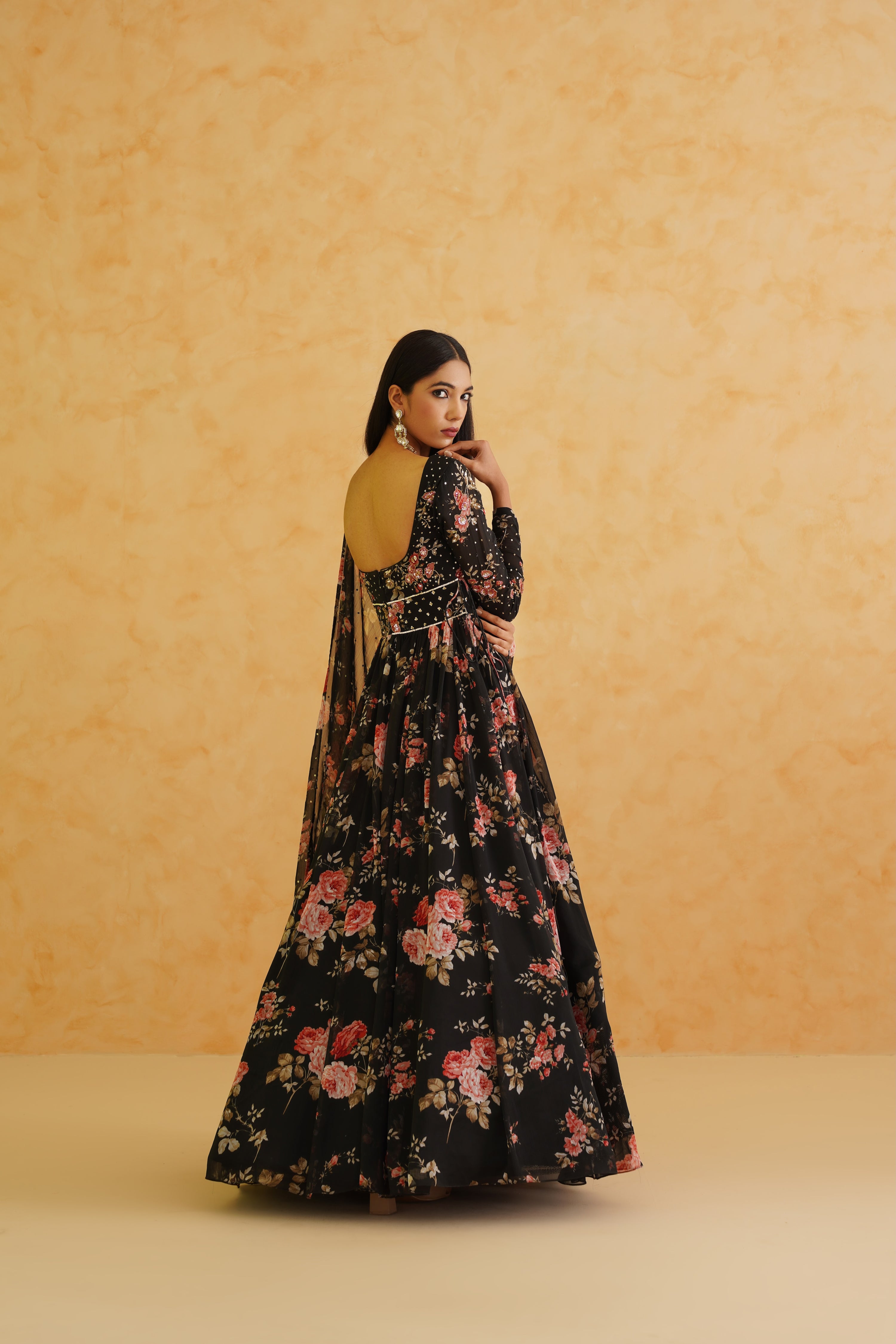 BLACK PRINTED ANARKALI AND DUPATTA SET