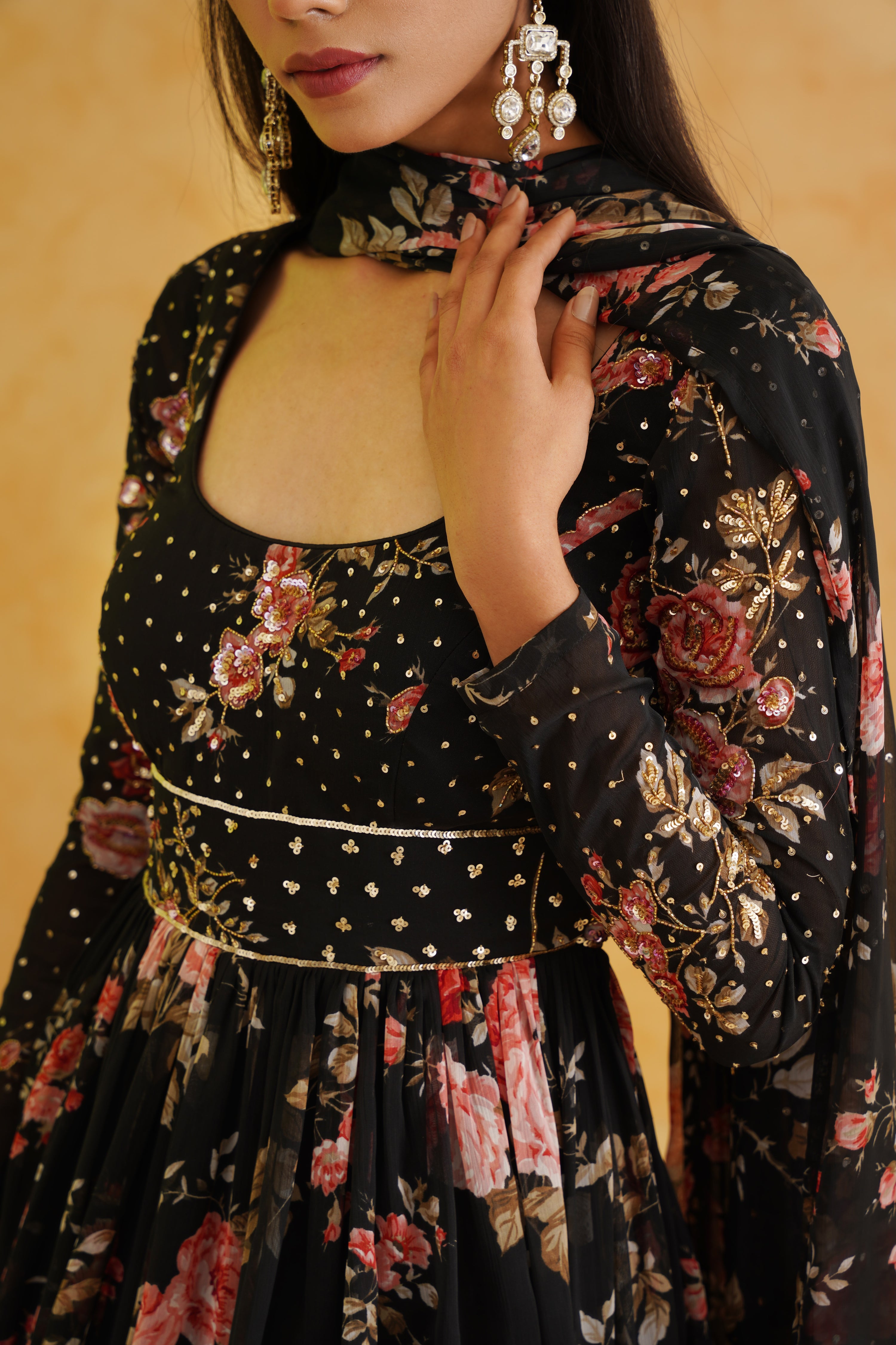 BLACK PRINTED ANARKALI AND DUPATTA SET