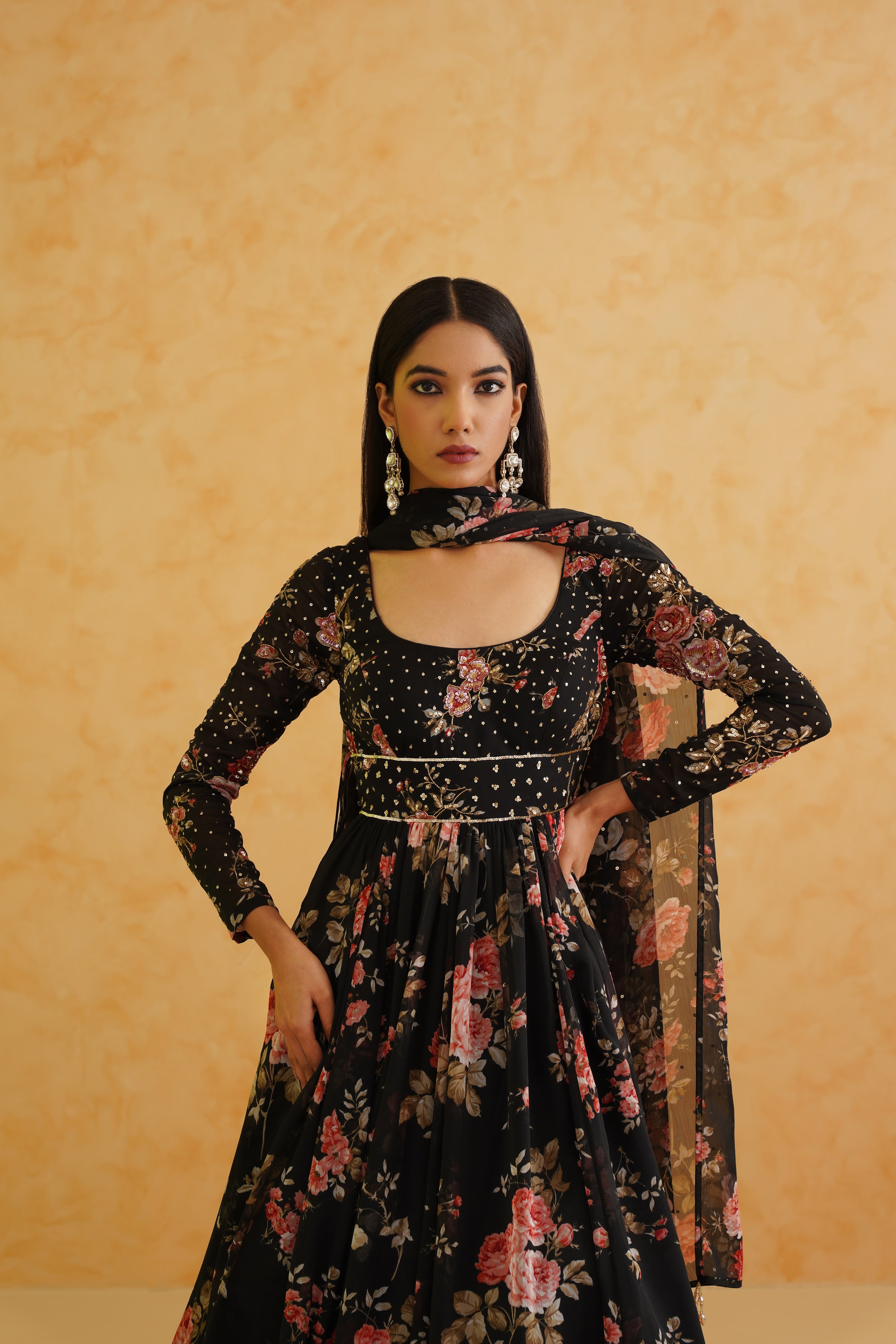 BLACK PRINTED ANARKALI AND DUPATTA SET