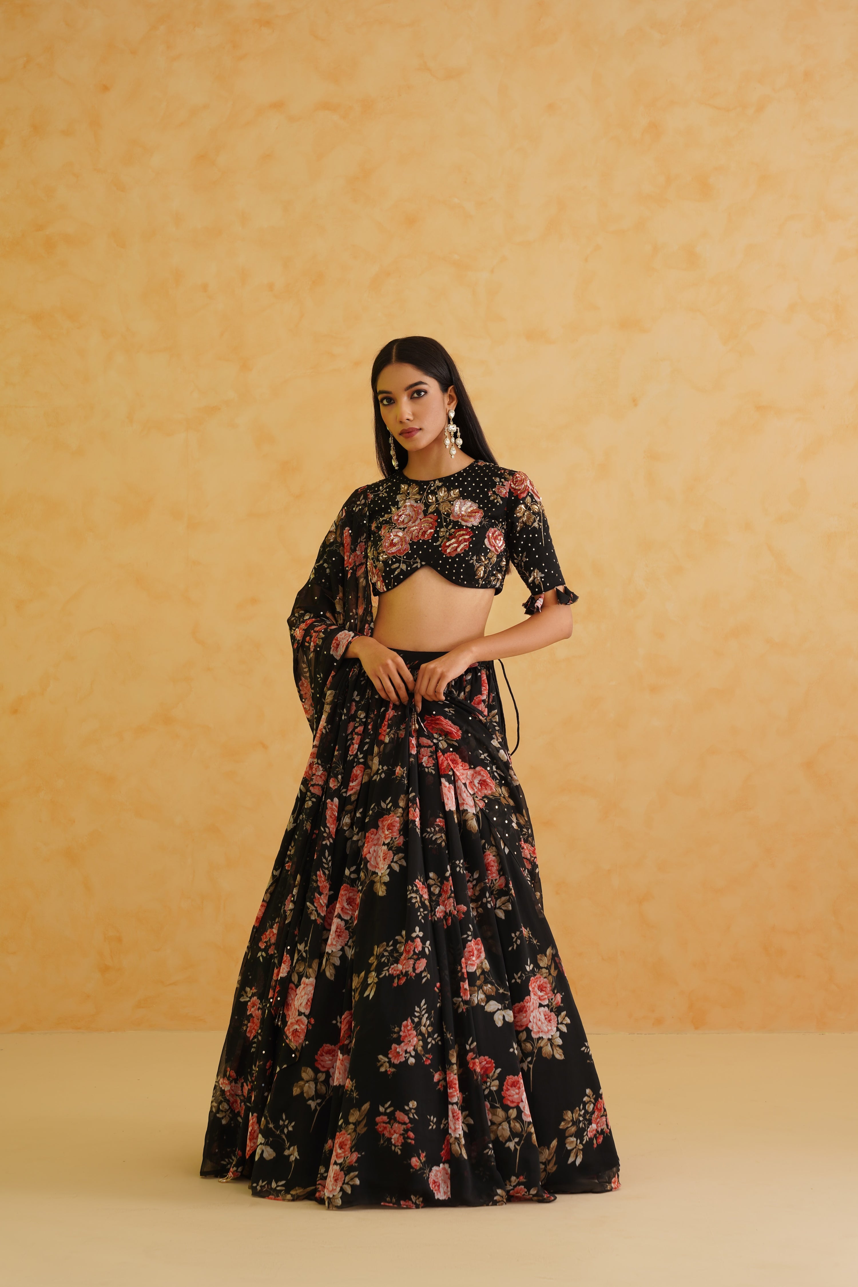 BLACK PRINTED GEORGETTE LEHENGA, BLOUSE AND DUPATTA SET