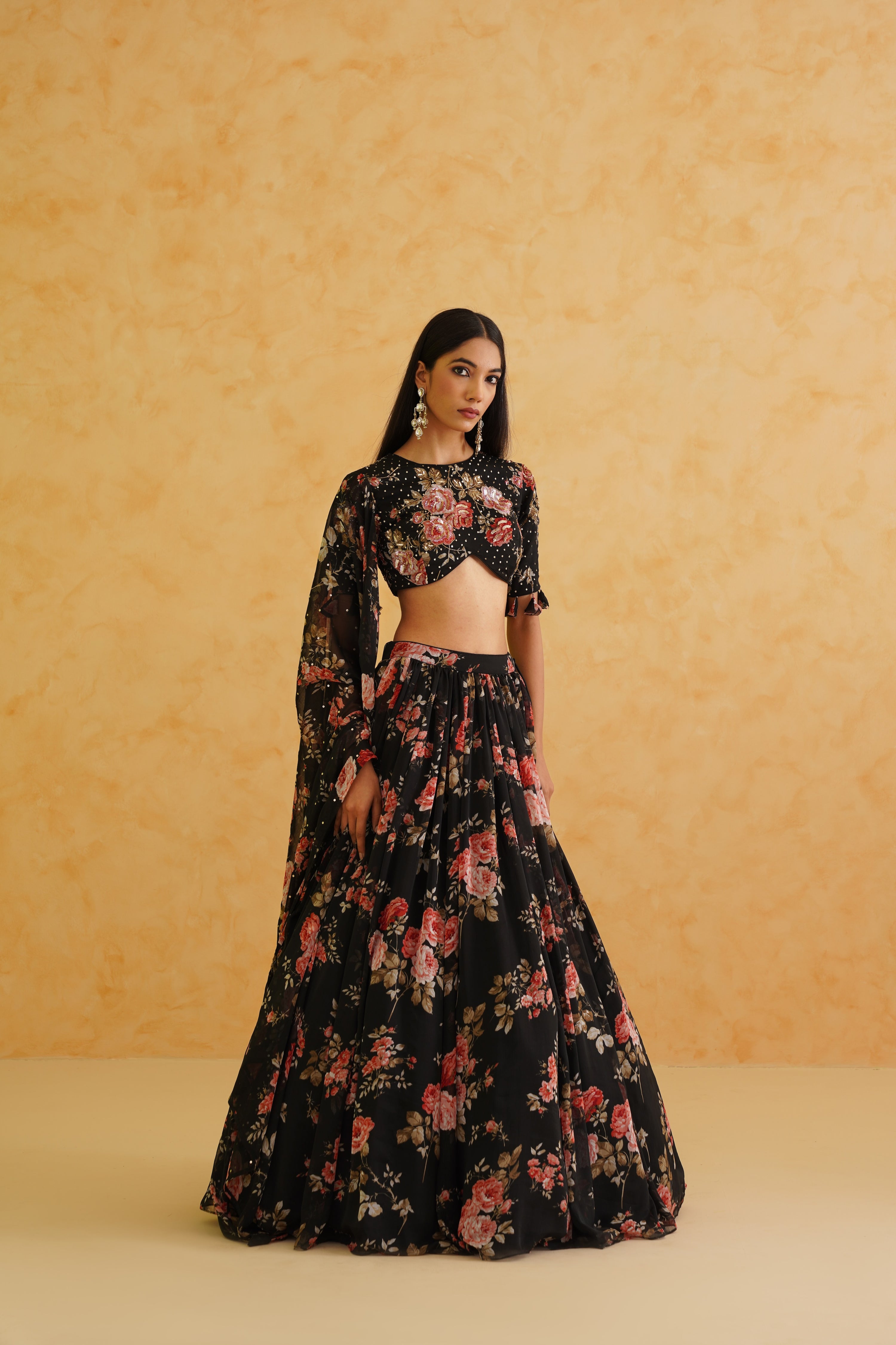 BLACK PRINTED GEORGETTE LEHENGA, BLOUSE AND DUPATTA SET