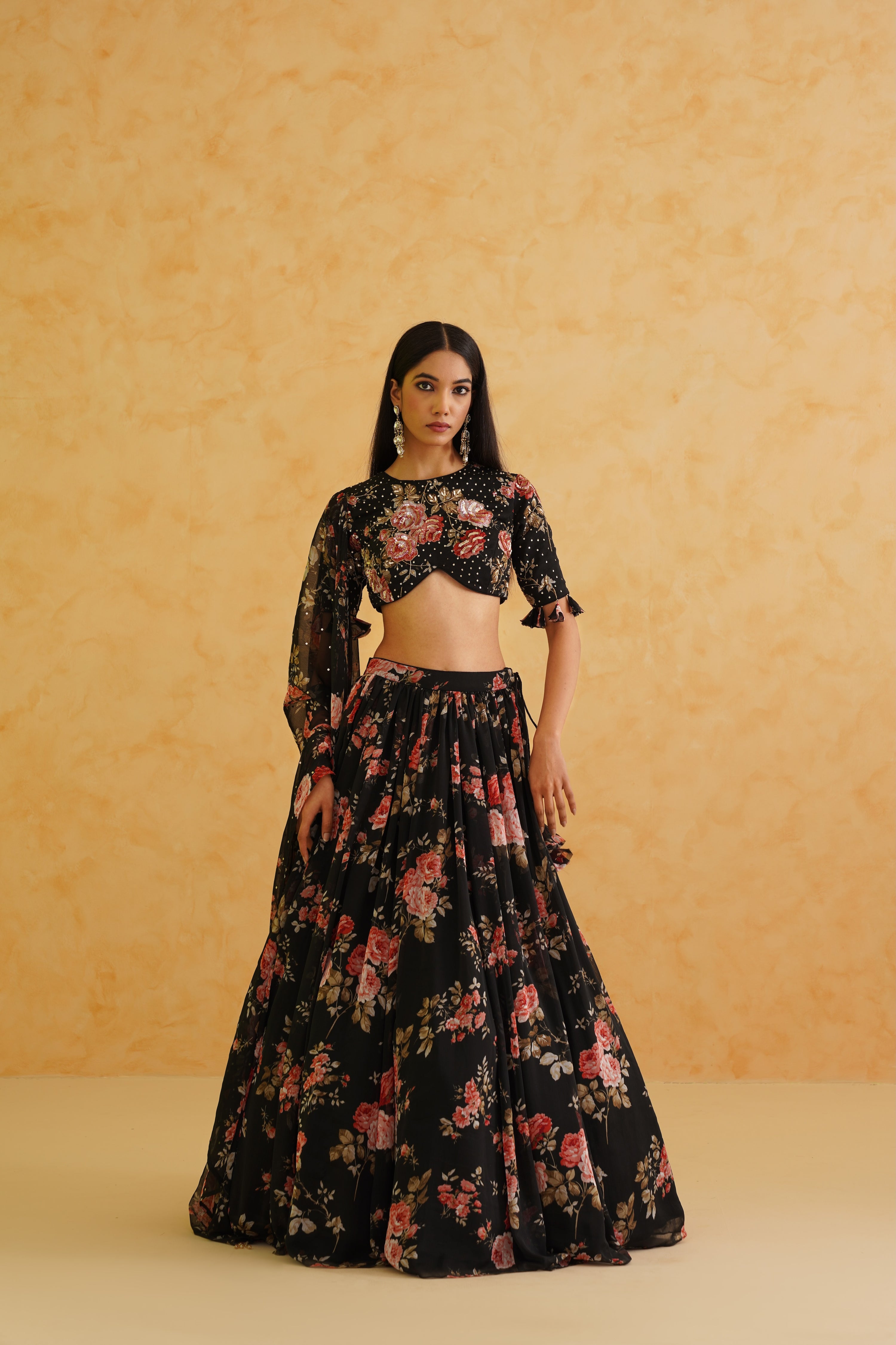 BLACK PRINTED GEORGETTE LEHENGA, BLOUSE AND DUPATTA SET