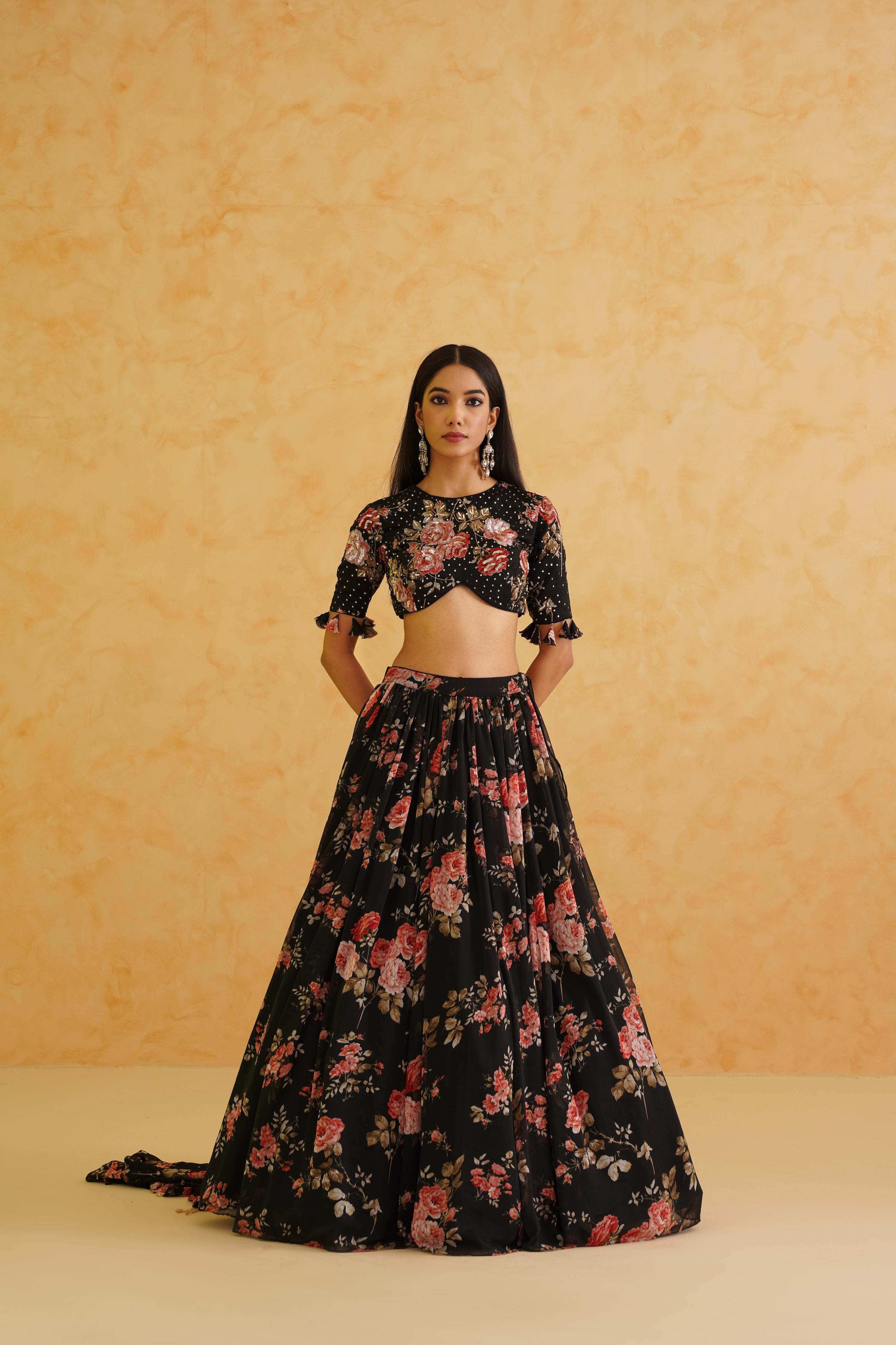 BLACK PRINTED GEORGETTE LEHENGA, BLOUSE AND DUPATTA SET