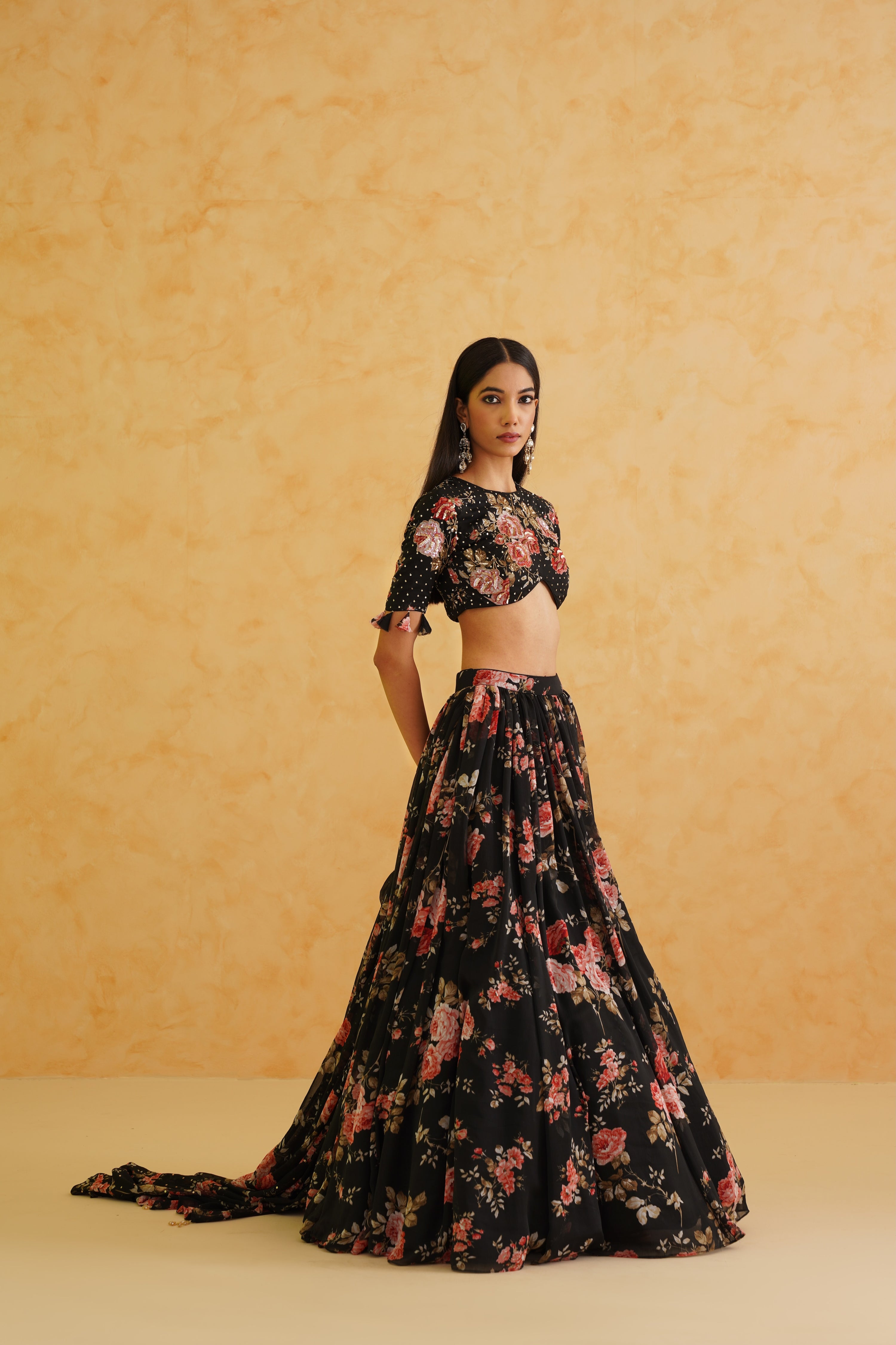 BLACK PRINTED GEORGETTE LEHENGA, BLOUSE AND DUPATTA SET