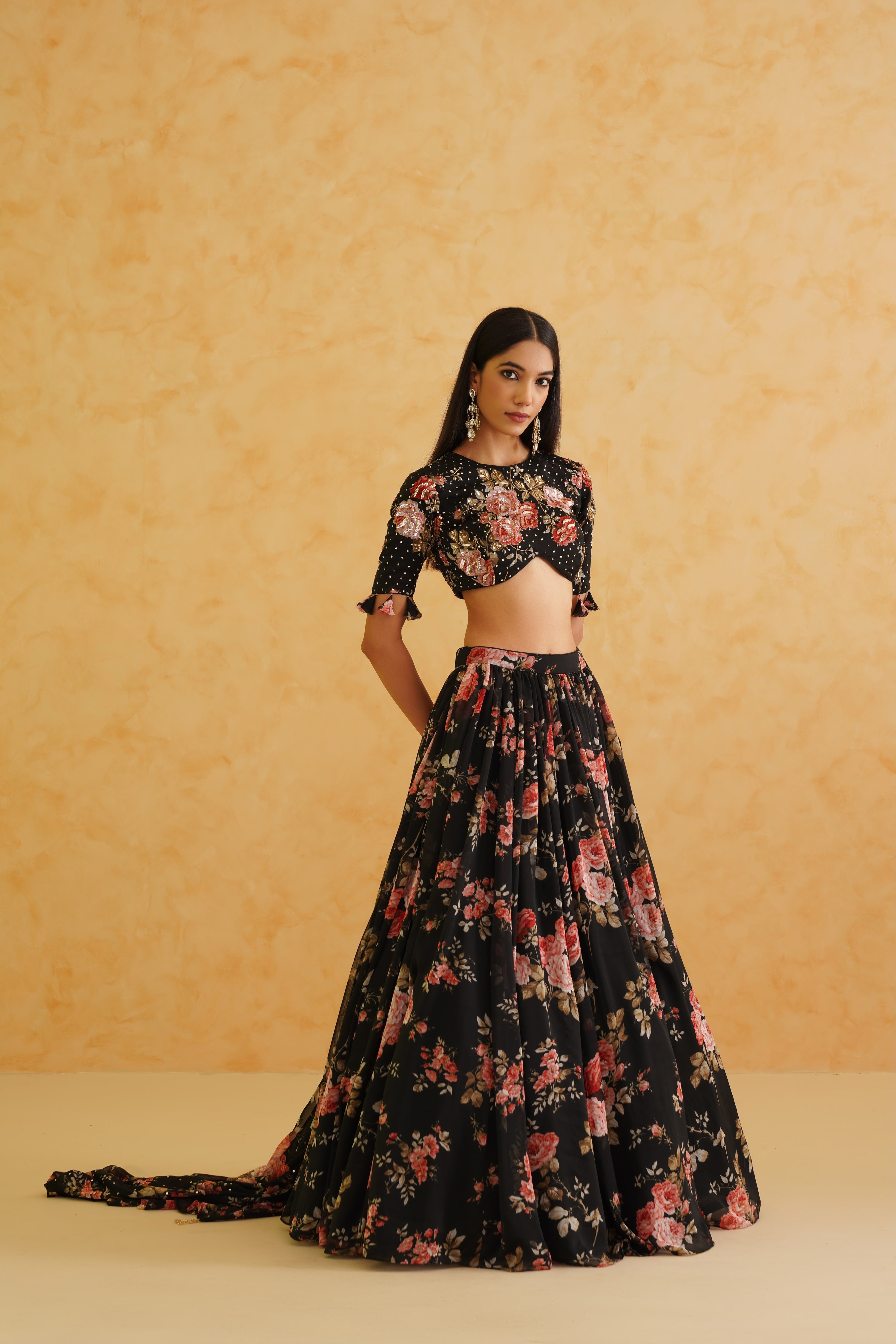 BLACK PRINTED GEORGETTE LEHENGA, BLOUSE AND DUPATTA SET