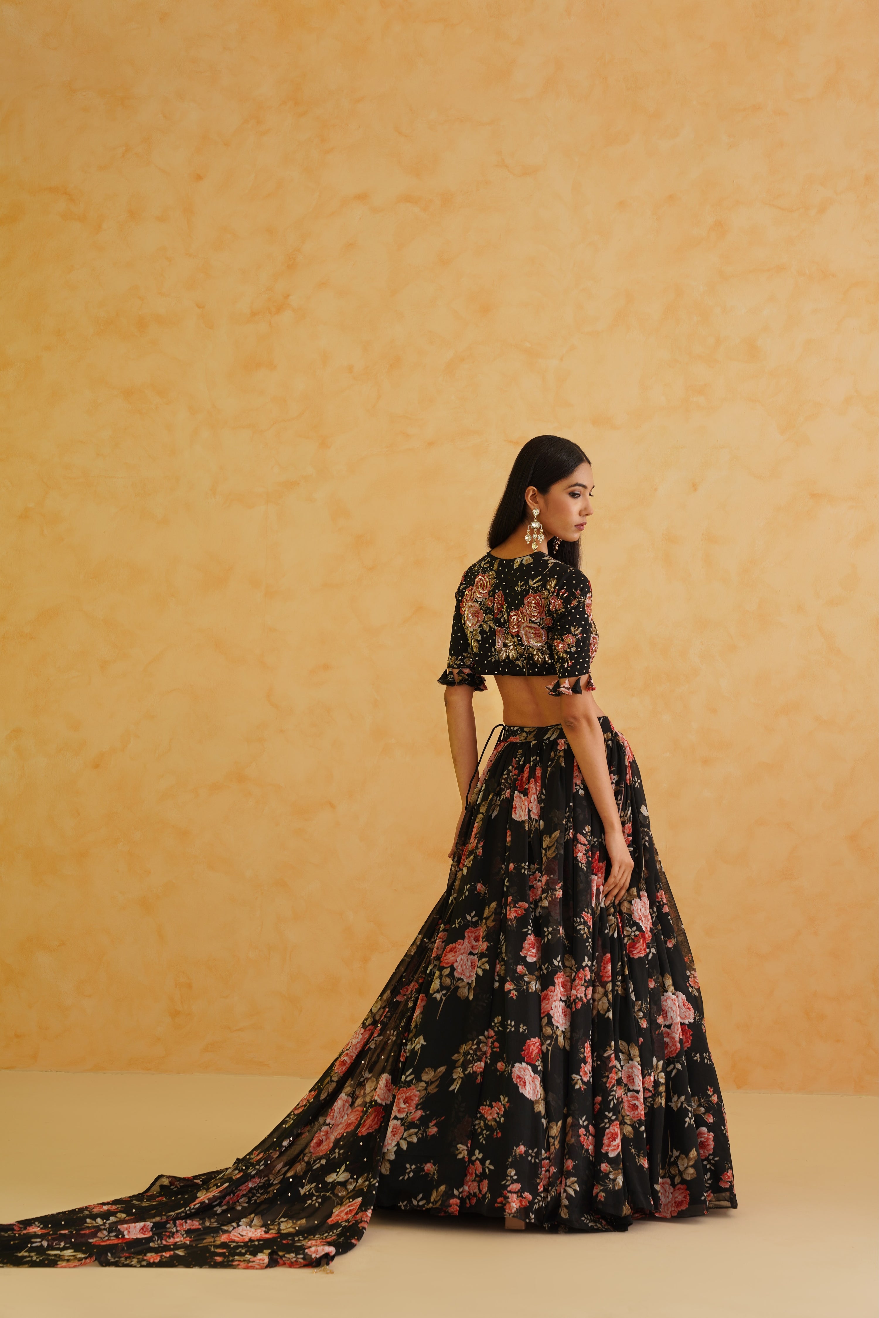 BLACK PRINTED GEORGETTE LEHENGA, BLOUSE AND DUPATTA SET