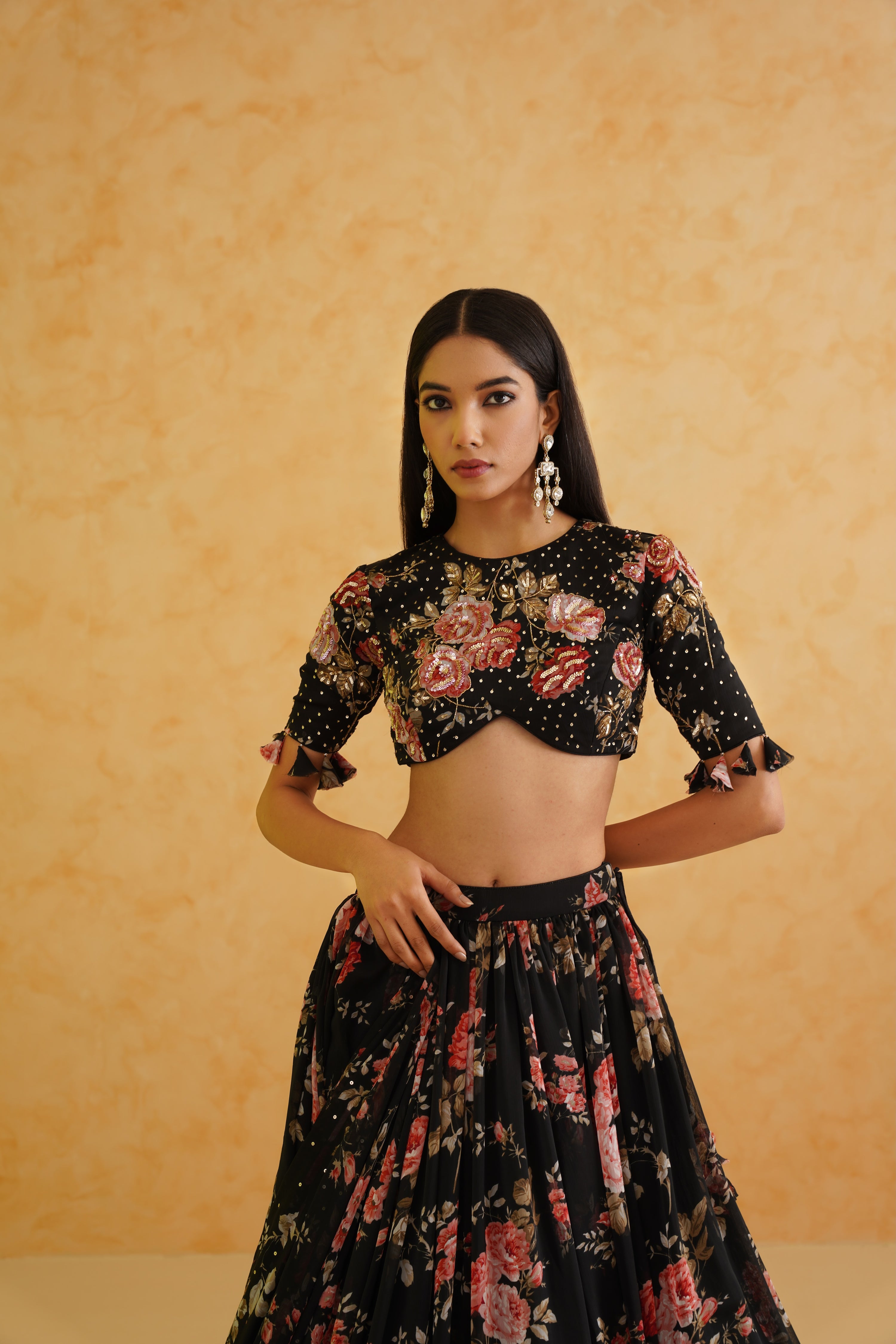 BLACK PRINTED GEORGETTE LEHENGA, BLOUSE AND DUPATTA SET