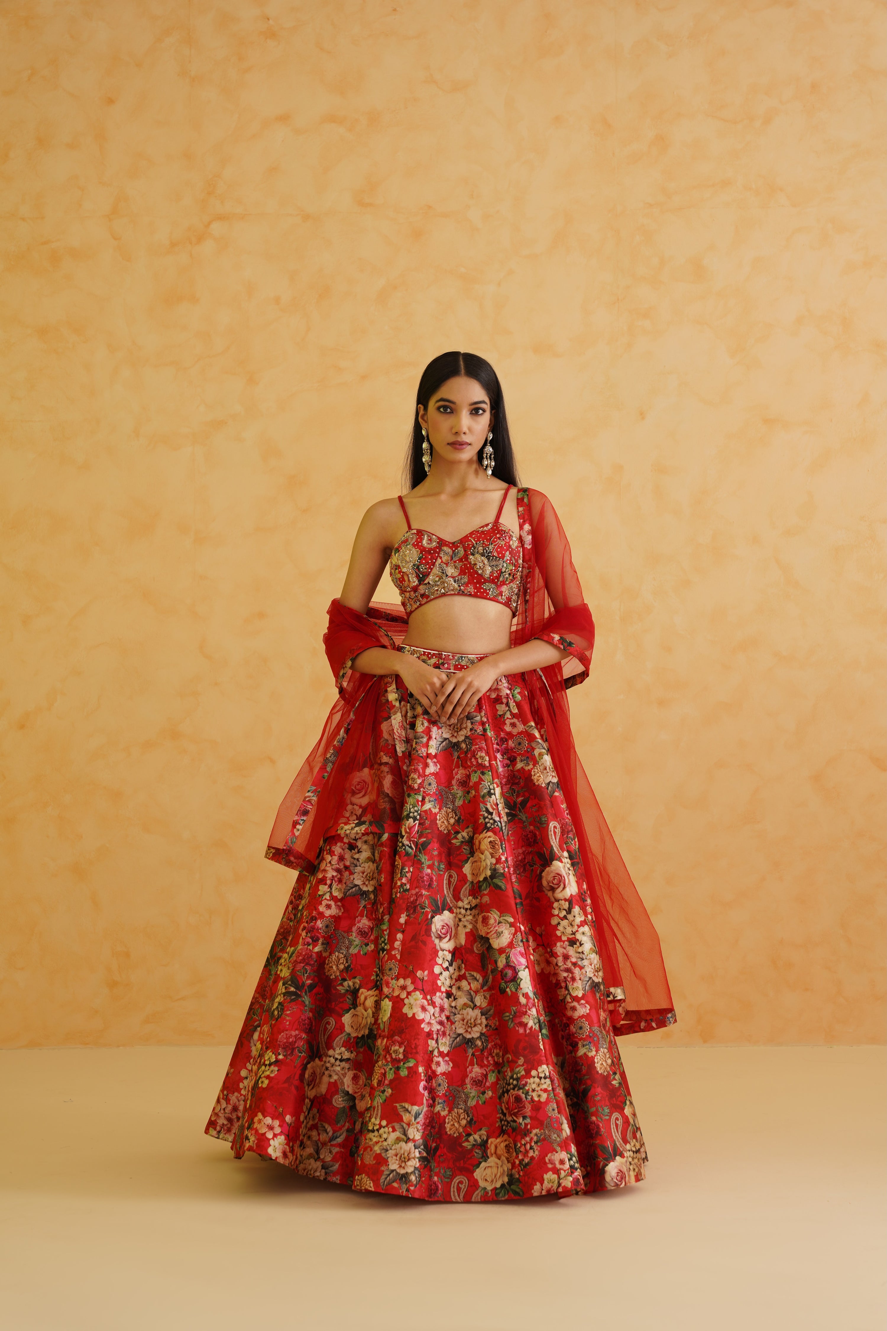 RED PRINTED GEORGETTE LEHENGA, BLOUSE AND DUPATTA SET