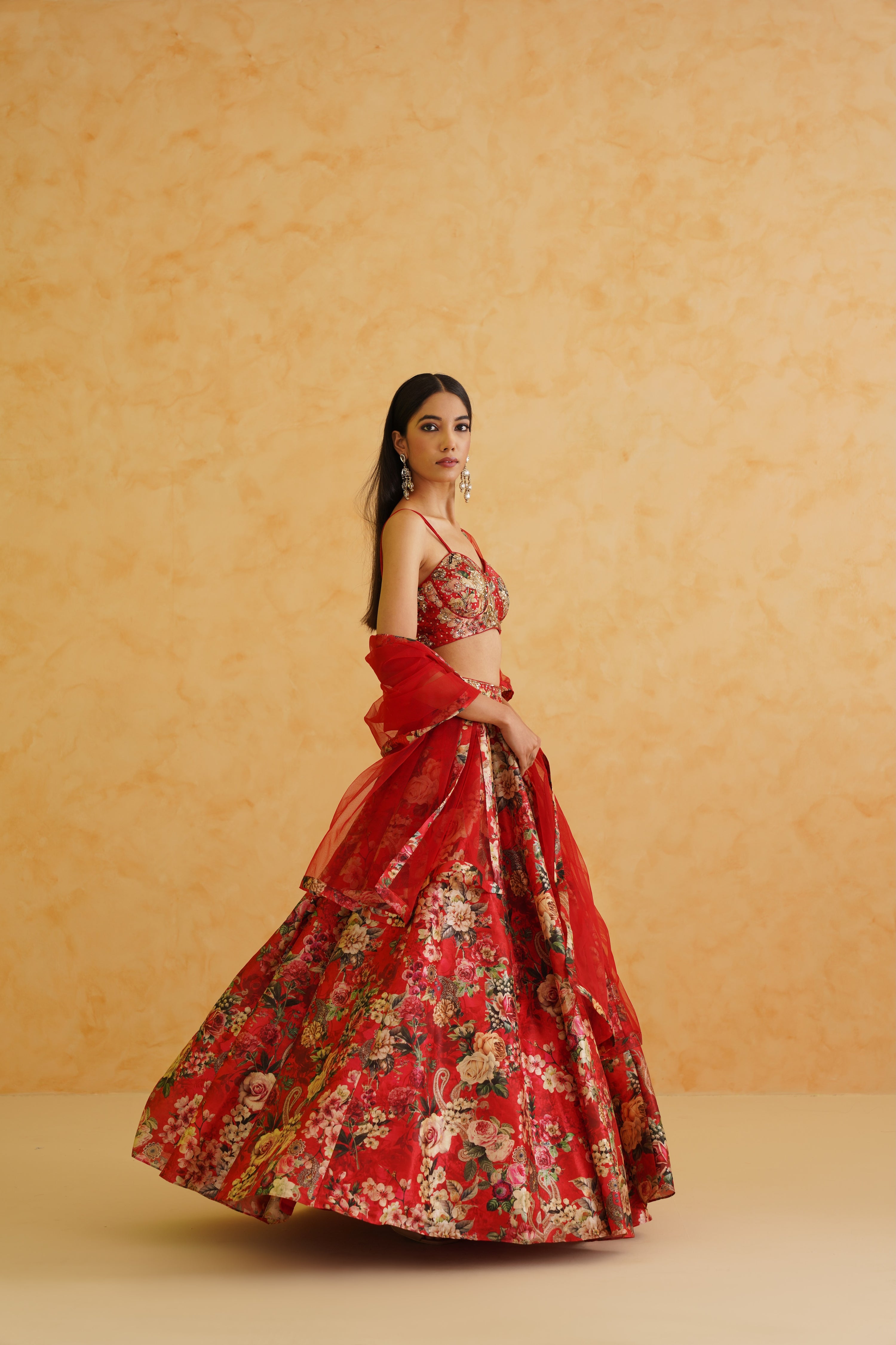 RED PRINTED GEORGETTE LEHENGA, BLOUSE AND DUPATTA SET