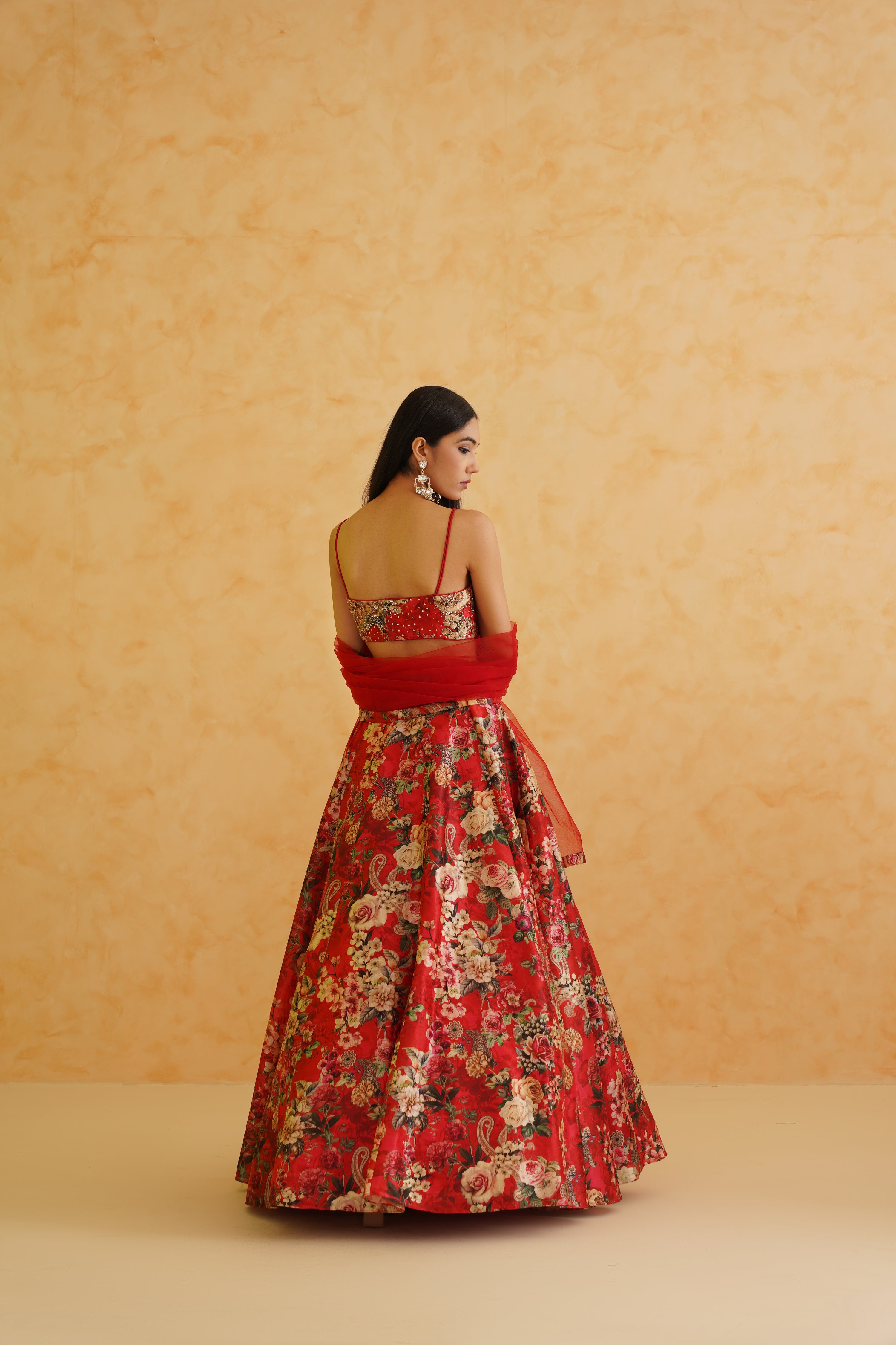 RED PRINTED GEORGETTE LEHENGA, BLOUSE AND DUPATTA SET