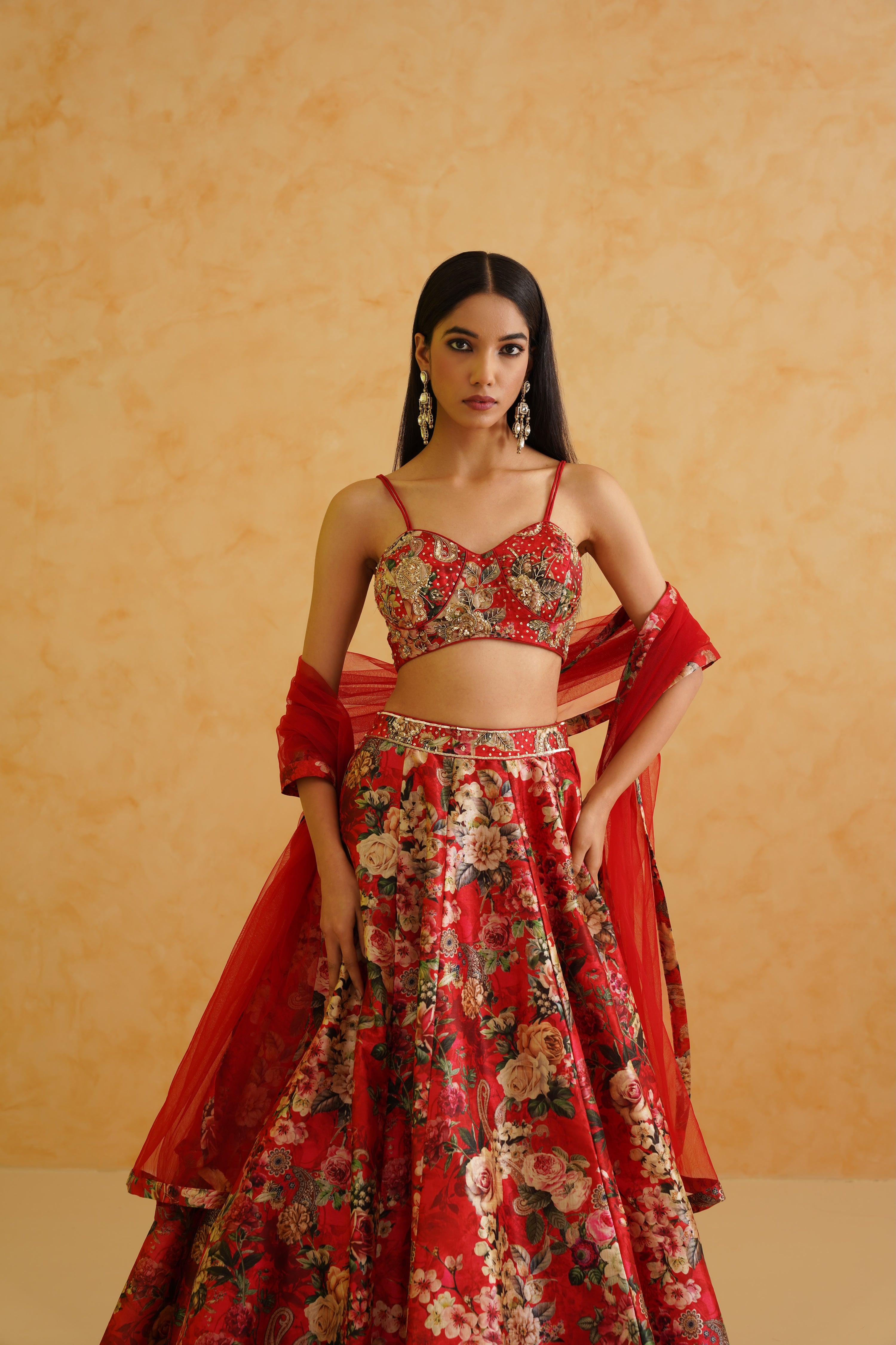 RED PRINTED GEORGETTE LEHENGA, BLOUSE AND DUPATTA SET