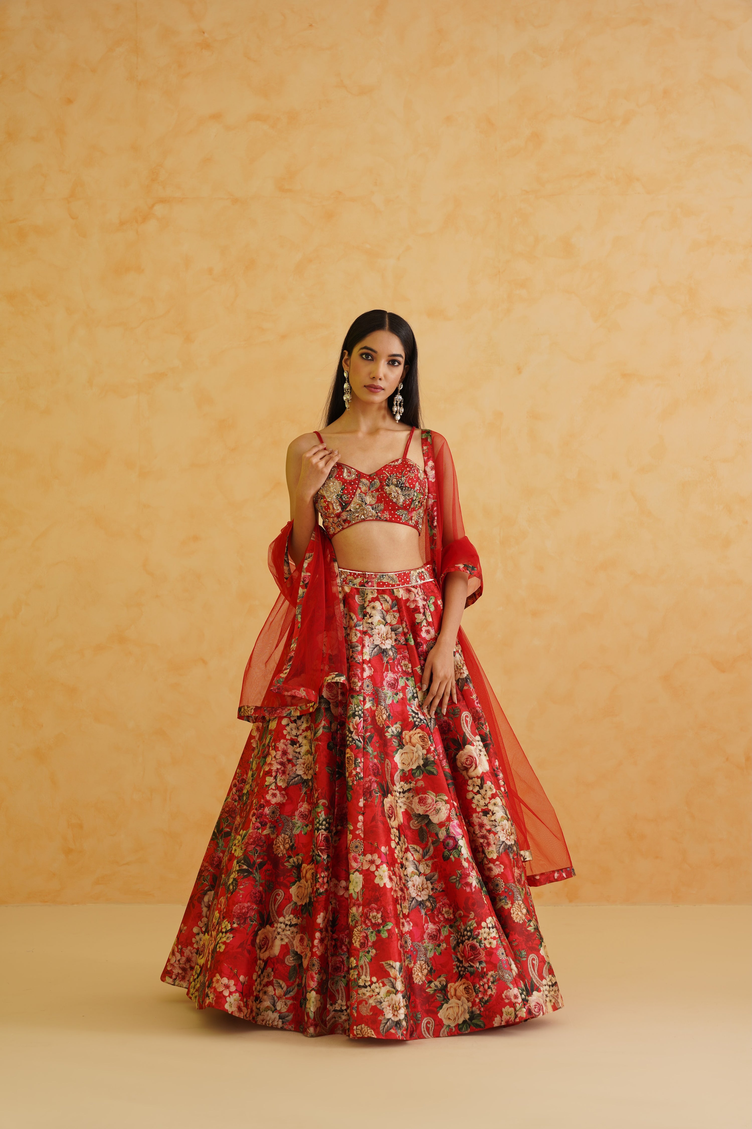 RED PRINTED GEORGETTE LEHENGA, BLOUSE AND DUPATTA SET