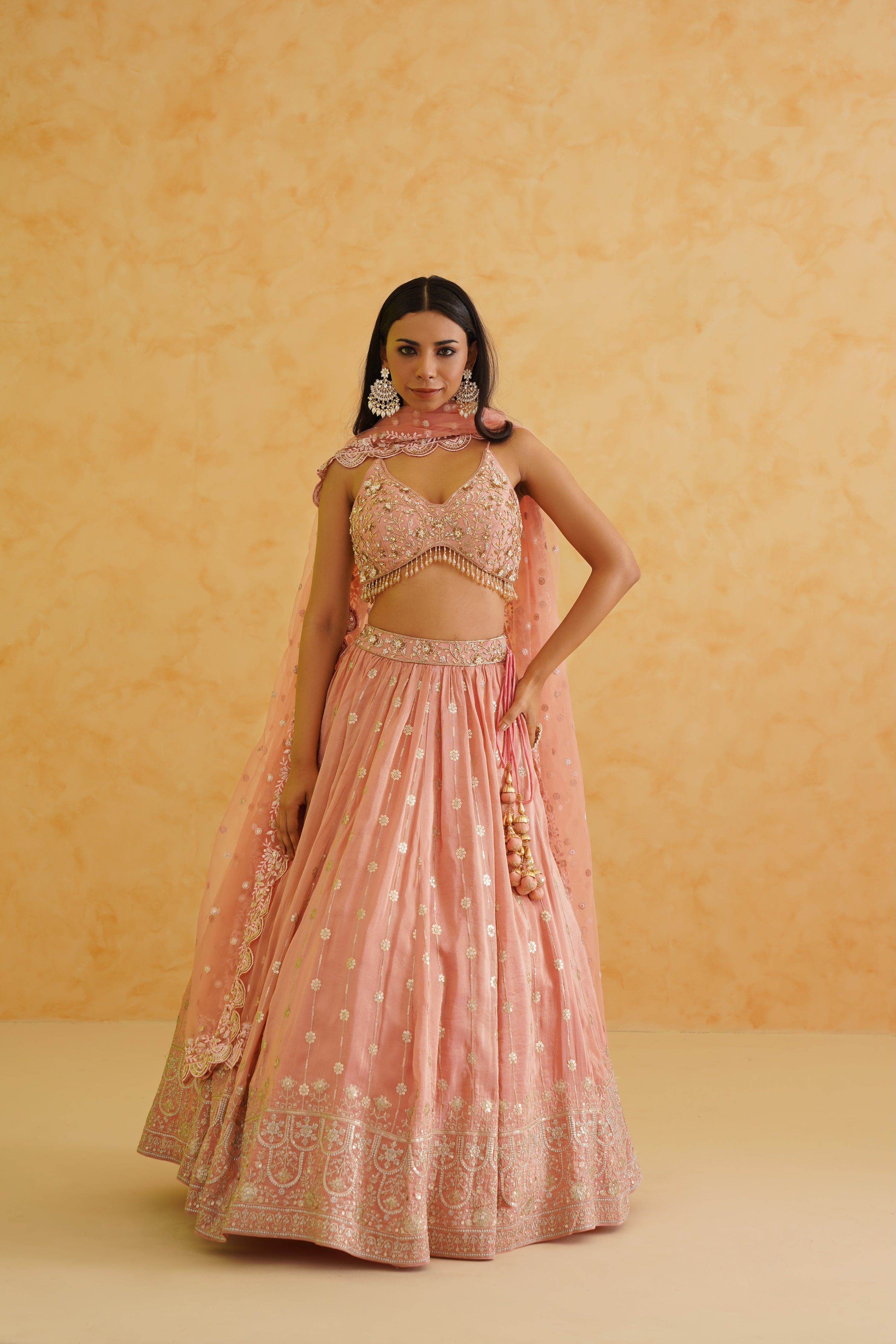 PINK GEORGETTE TISSUE LEHENGA, BLOUSE AND DUPATTA SET