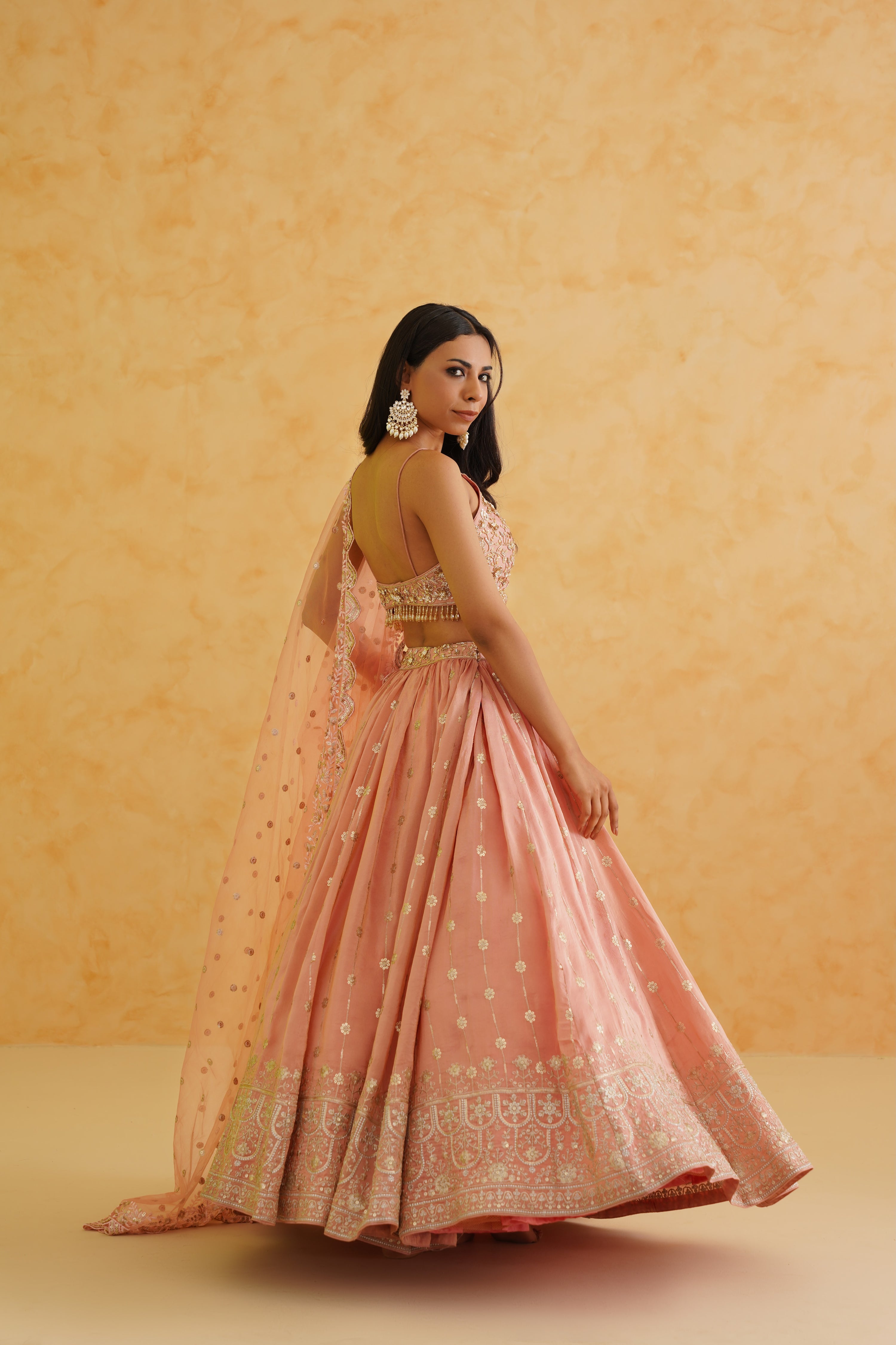 PINK GEORGETTE TISSUE LEHENGA, BLOUSE AND DUPATTA SET