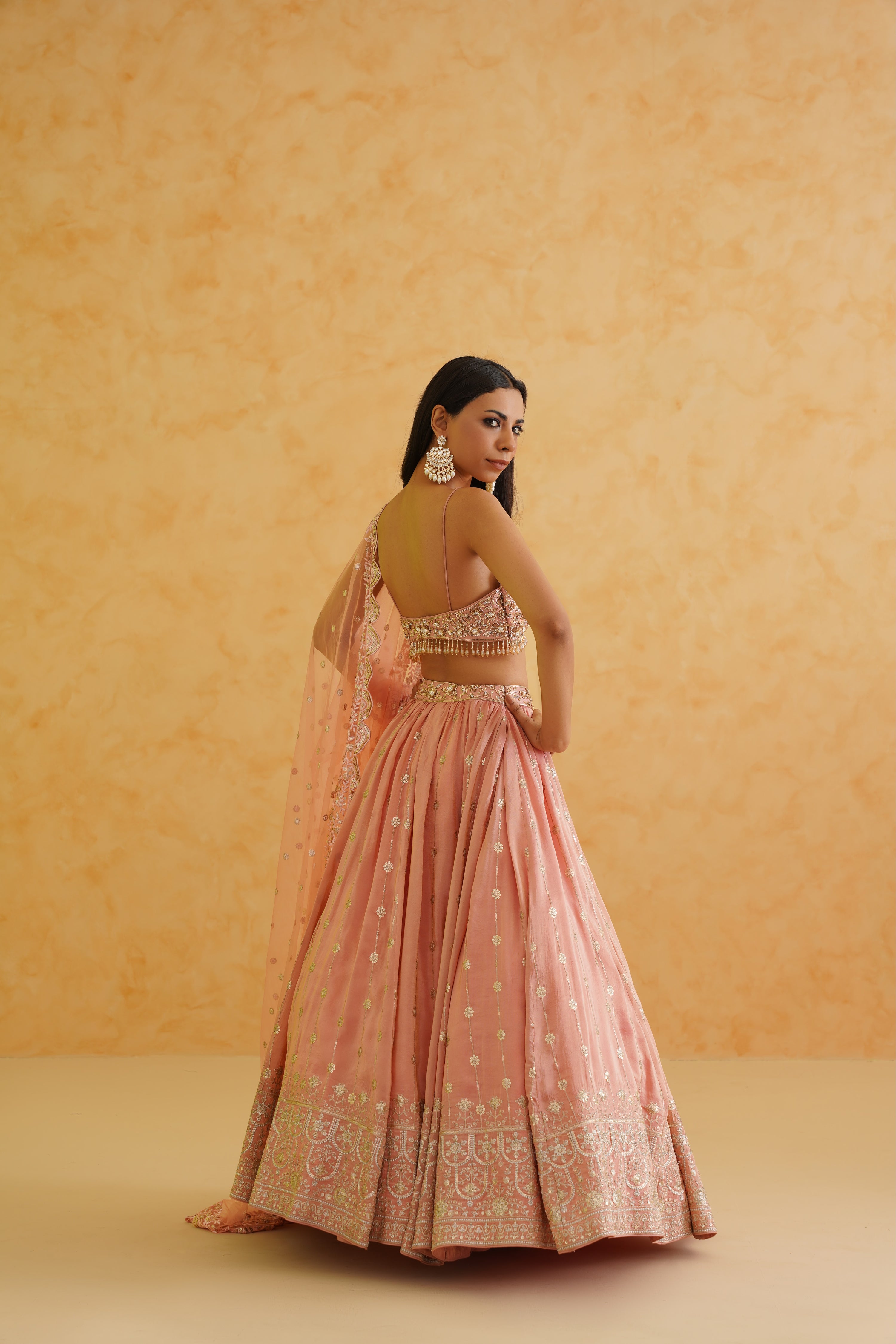 PINK GEORGETTE TISSUE LEHENGA, BLOUSE AND DUPATTA SET