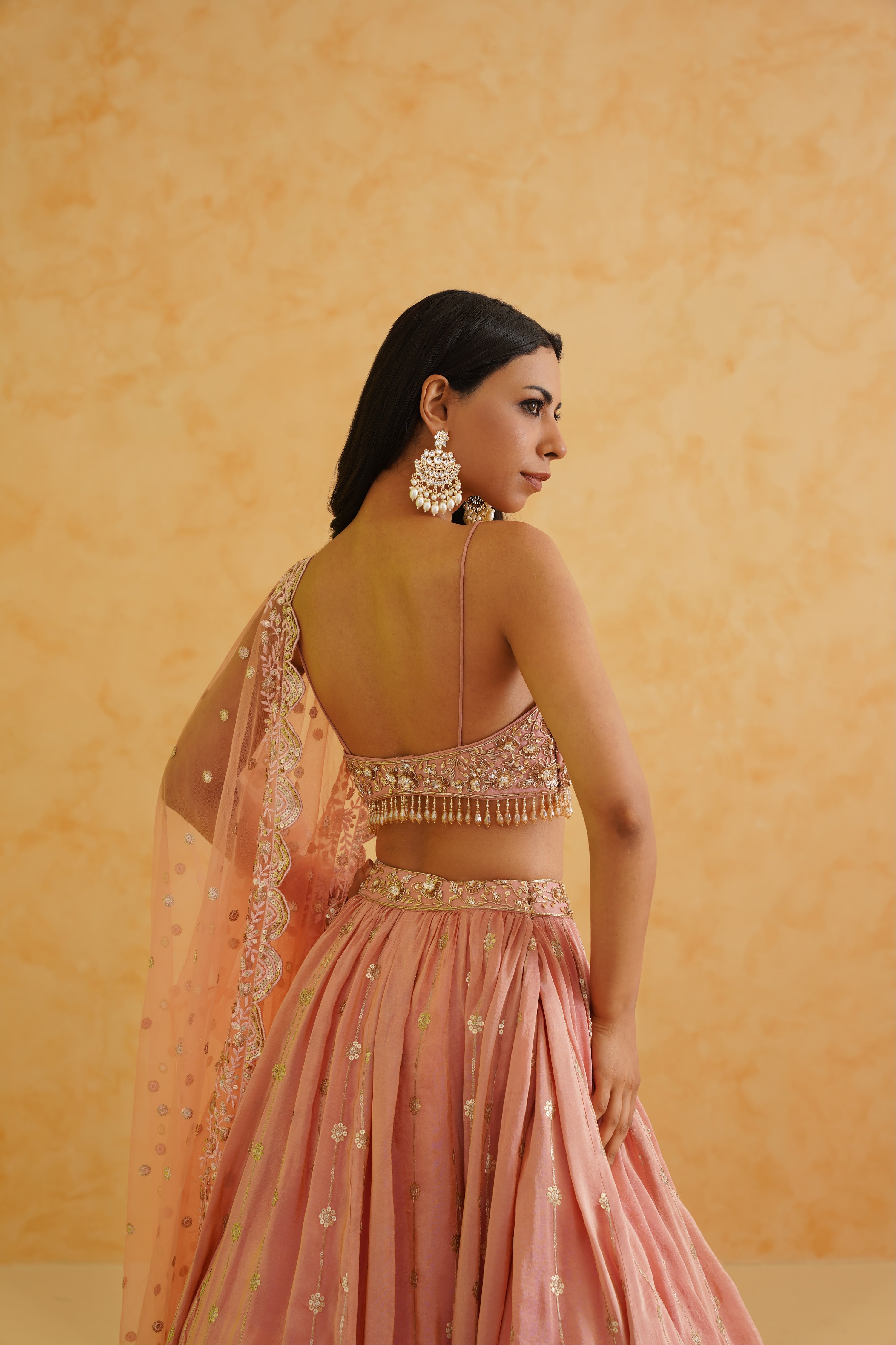 PINK GEORGETTE TISSUE LEHENGA, BLOUSE AND DUPATTA SET