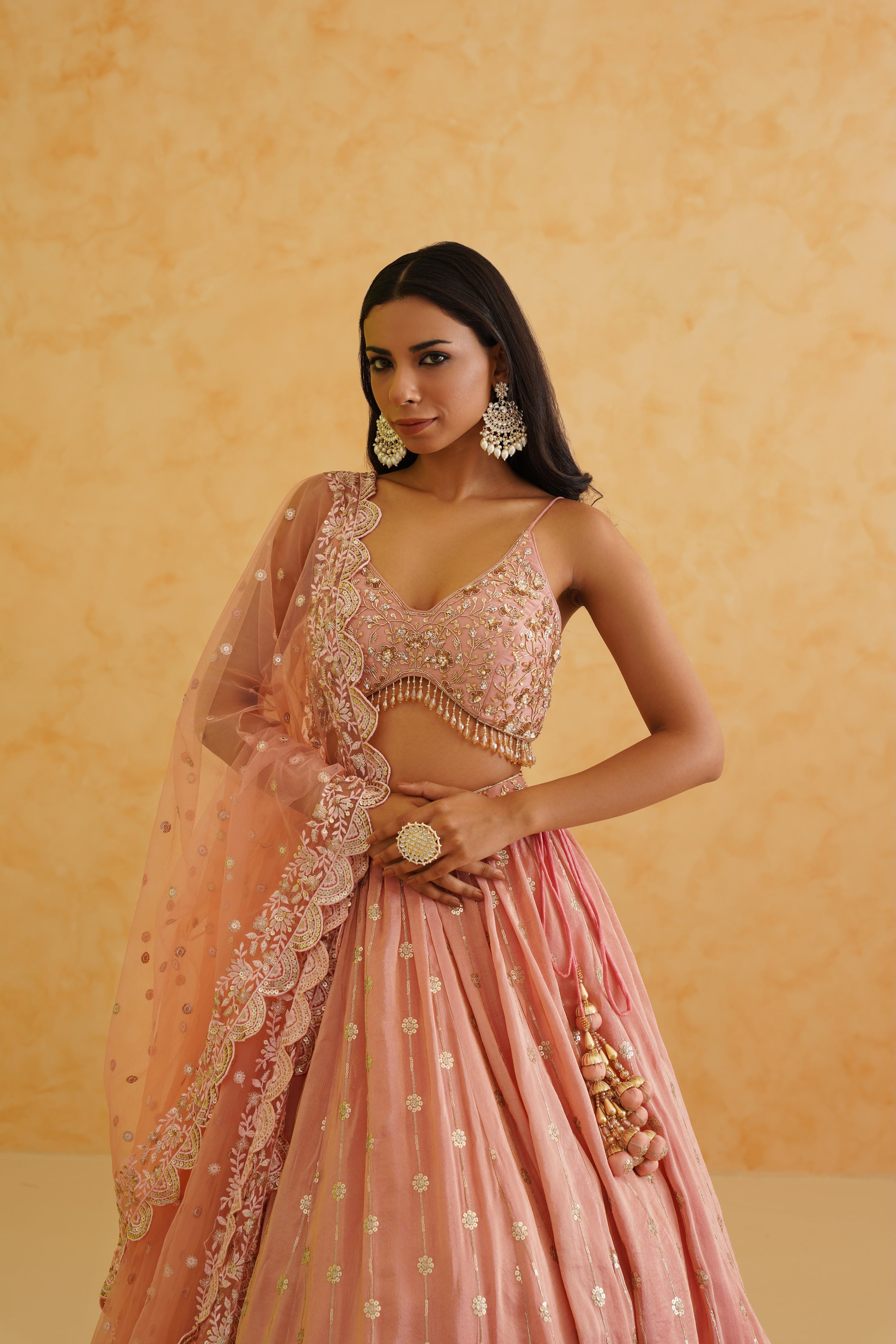 PINK GEORGETTE TISSUE LEHENGA, BLOUSE AND DUPATTA SET