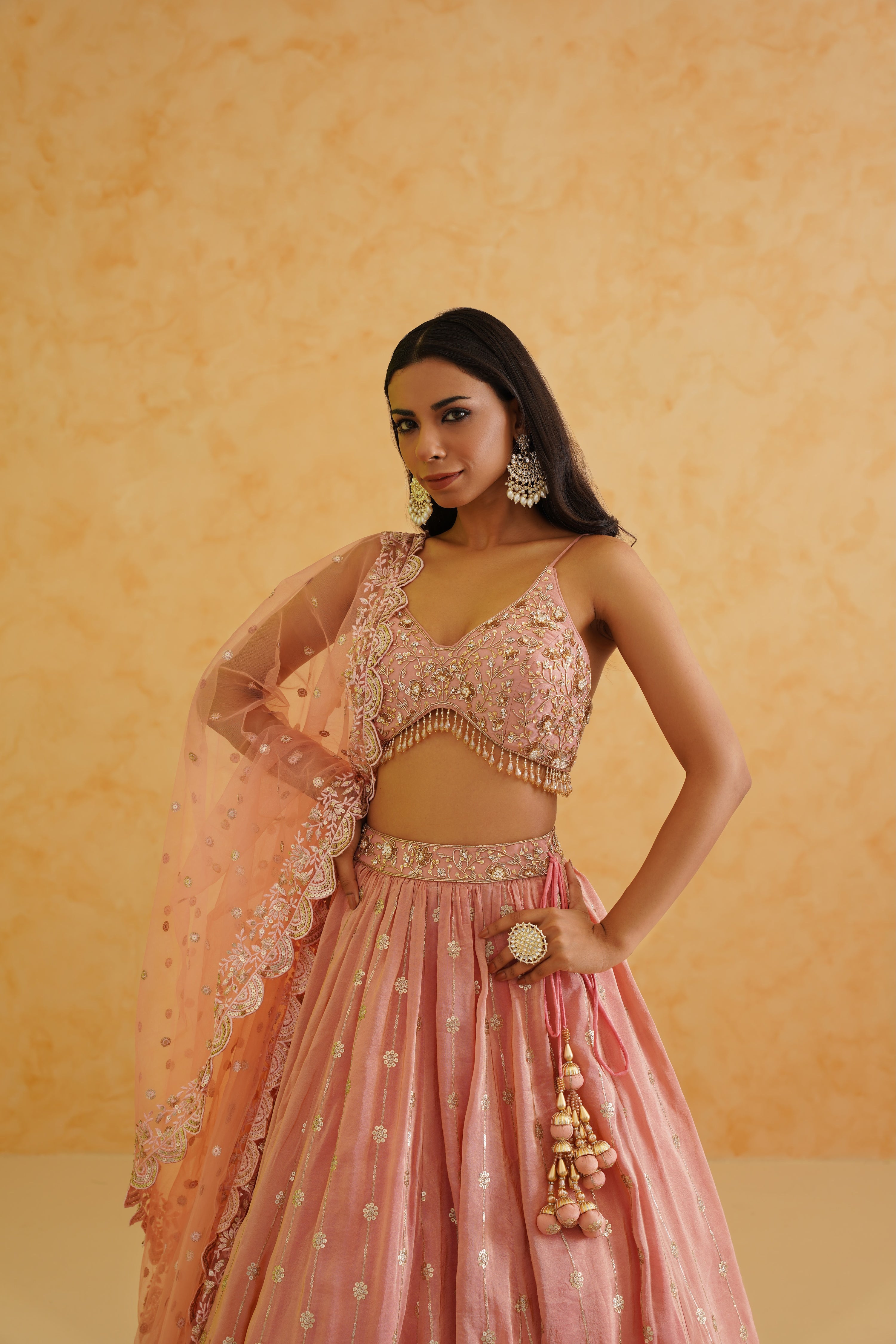 PINK GEORGETTE TISSUE LEHENGA, BLOUSE AND DUPATTA SET