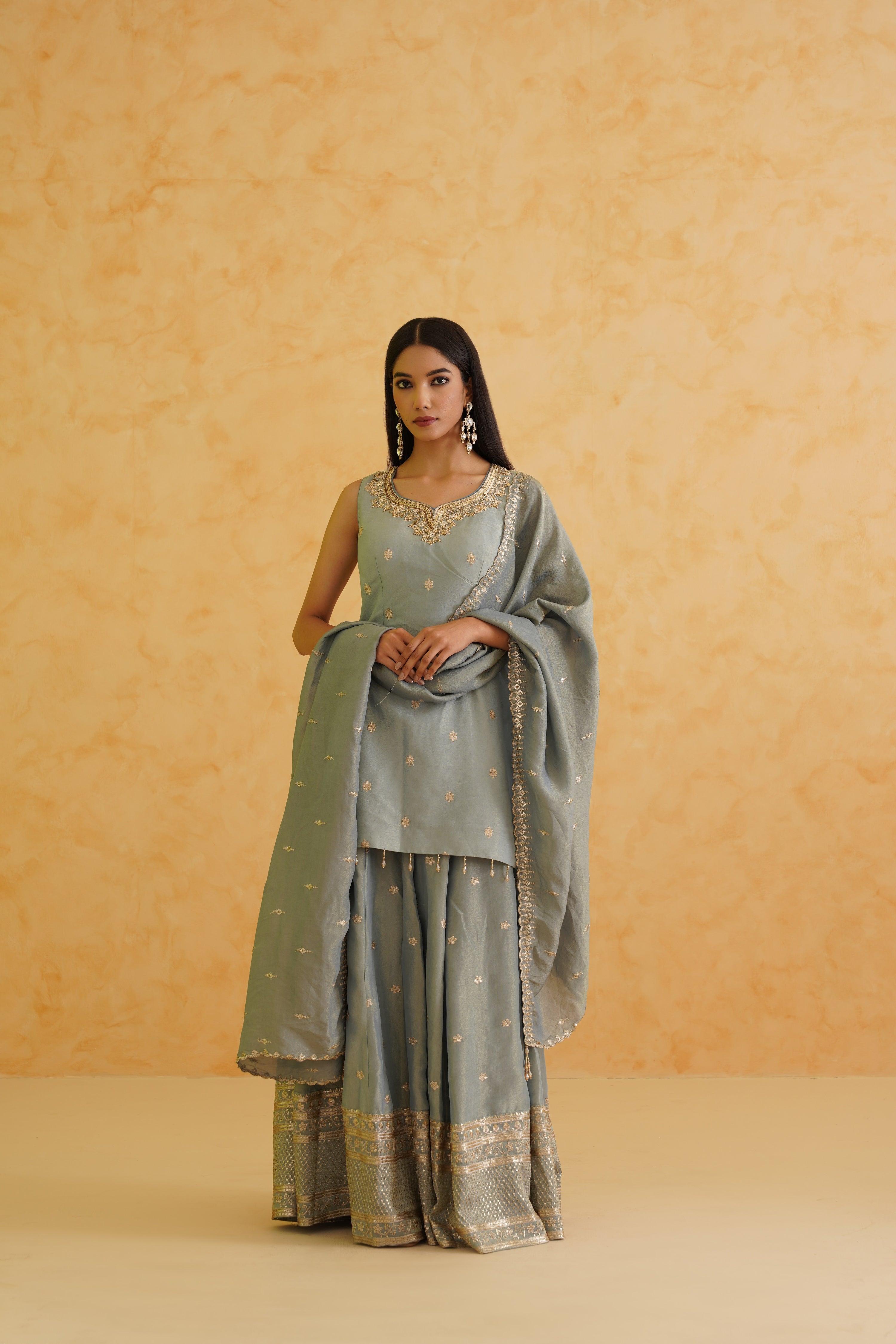 GREY GEORGETTE TISSUE GARARA, KURTI AND DUPATTA SET