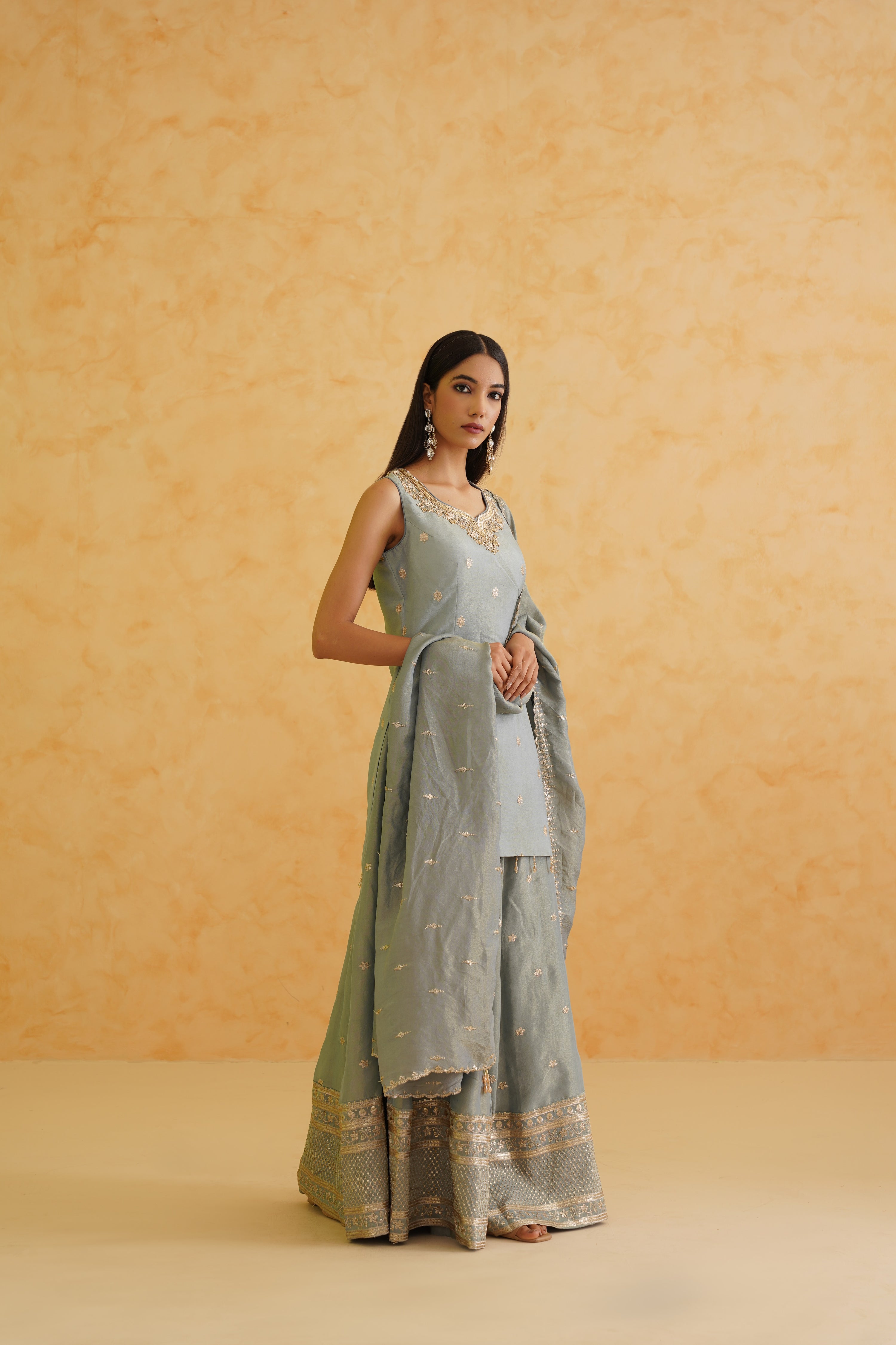 GREY GEORGETTE TISSUE GARARA, KURTI AND DUPATTA SET