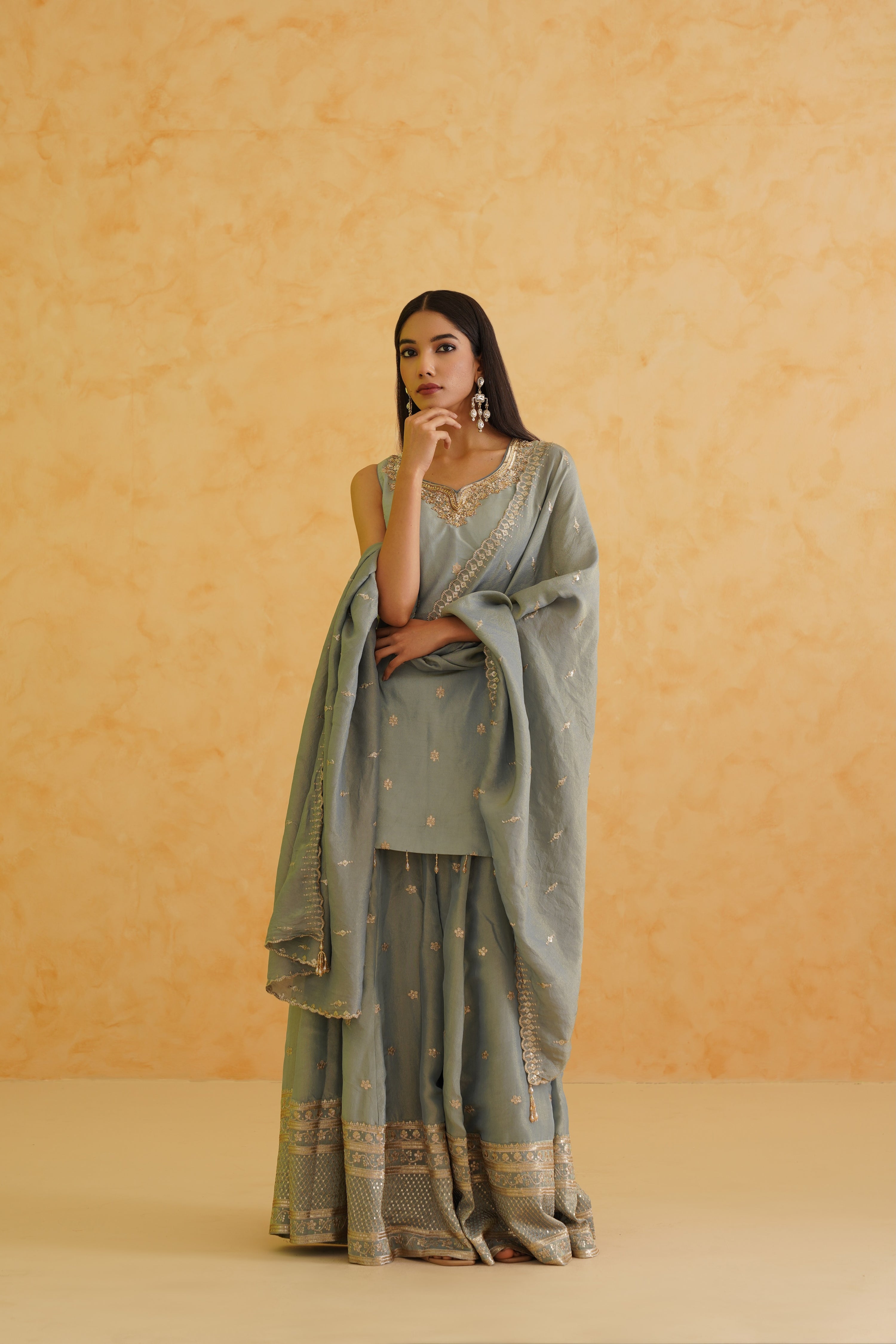 GREY GEORGETTE TISSUE GARARA, KURTI AND DUPATTA SET
