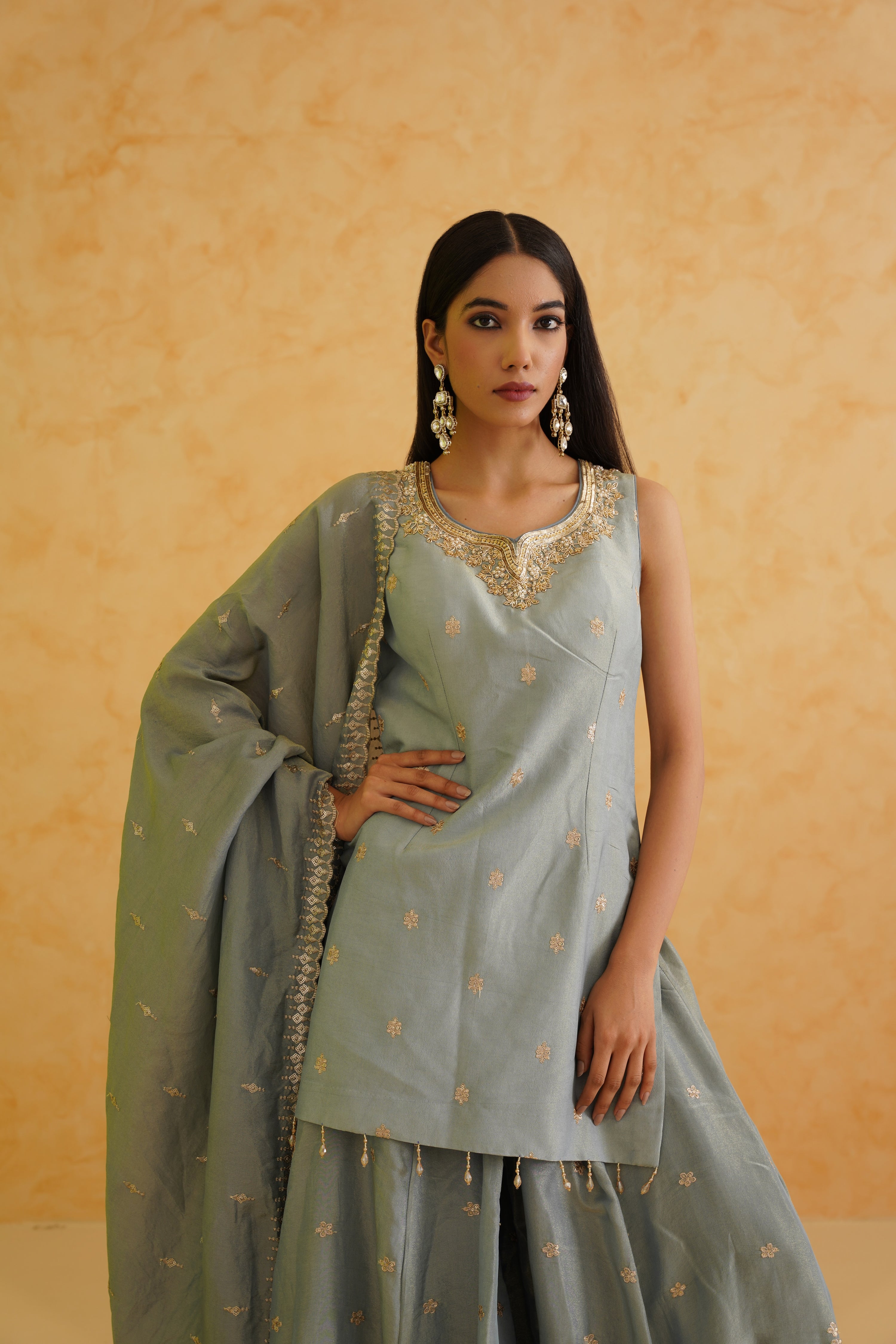 GREY GEORGETTE TISSUE GARARA, KURTI AND DUPATTA SET