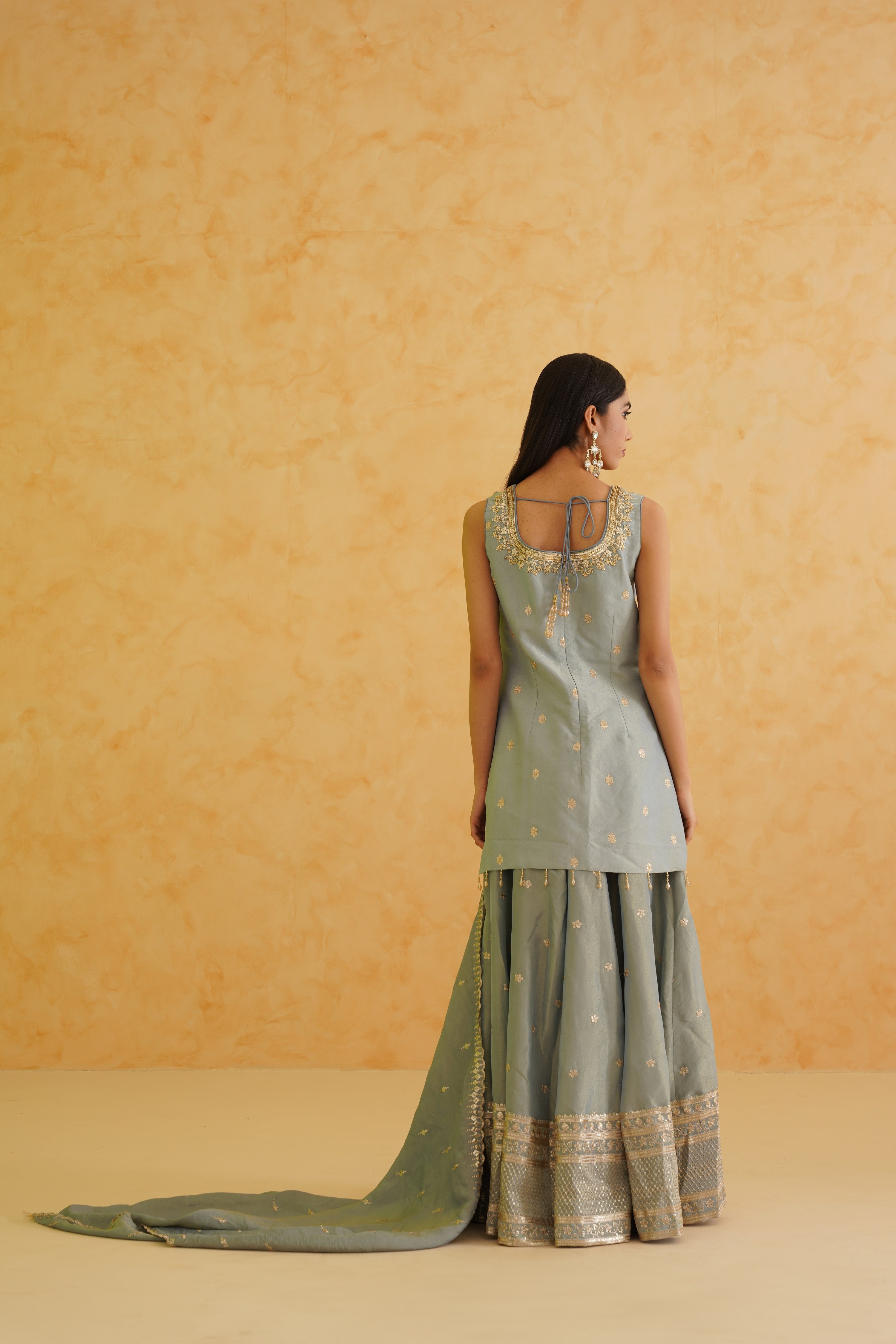 GREY GEORGETTE TISSUE GARARA, KURTI AND DUPATTA SET