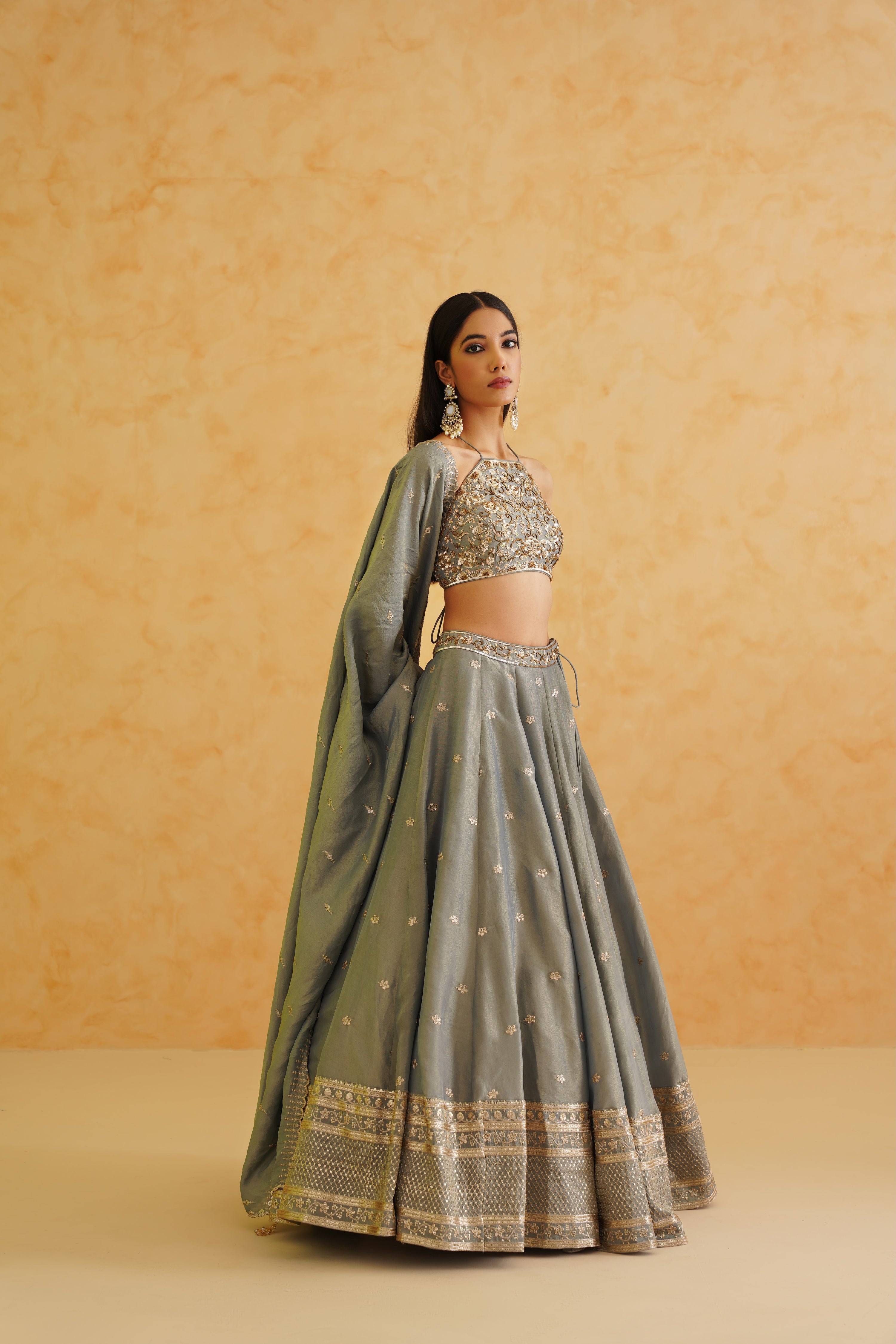 GREY GEORGETTE TISSUE LEHENGA, BLOUSE AND DUPATTA SET