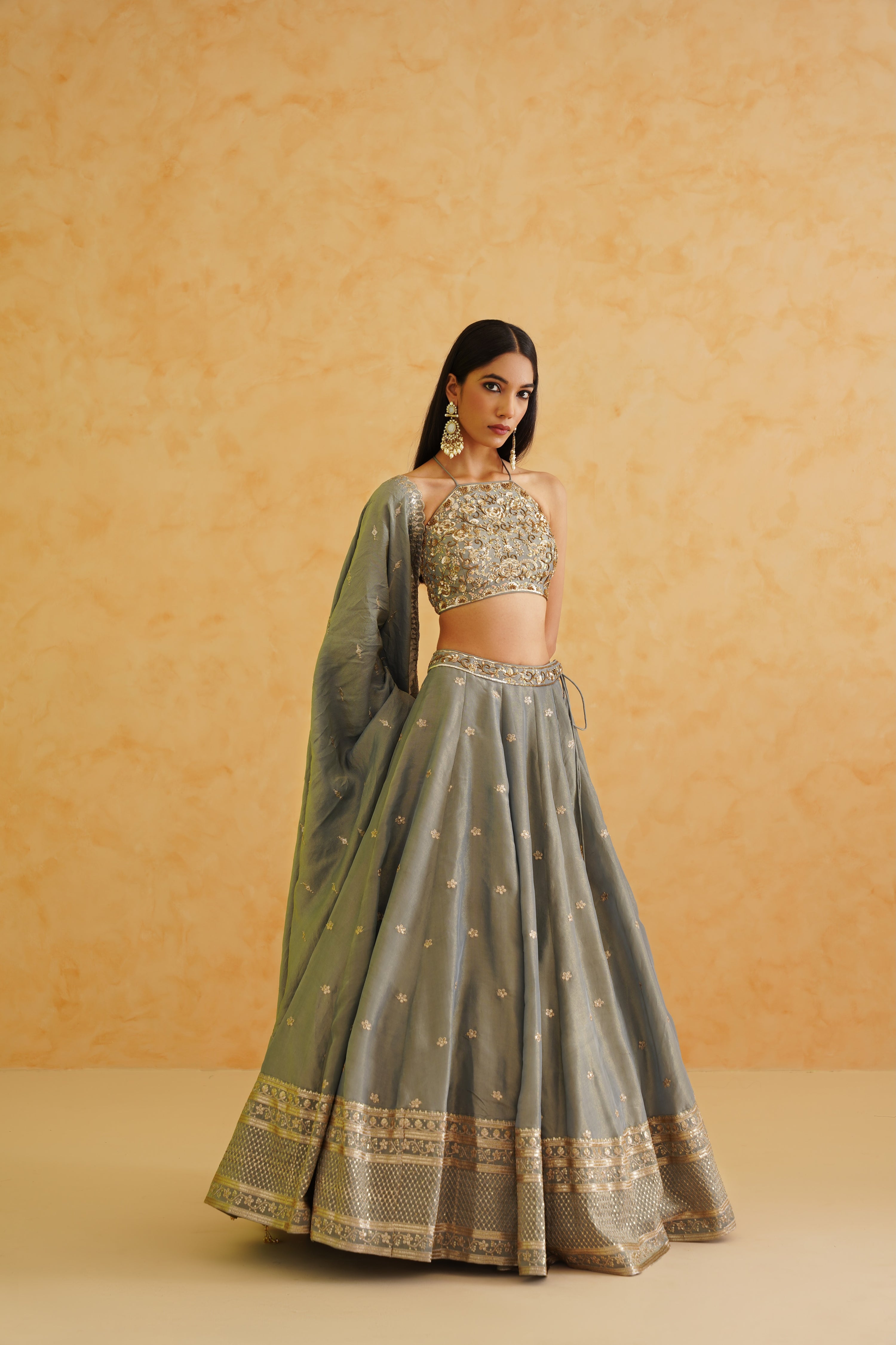 GREY GEORGETTE TISSUE LEHENGA, BLOUSE AND DUPATTA SET