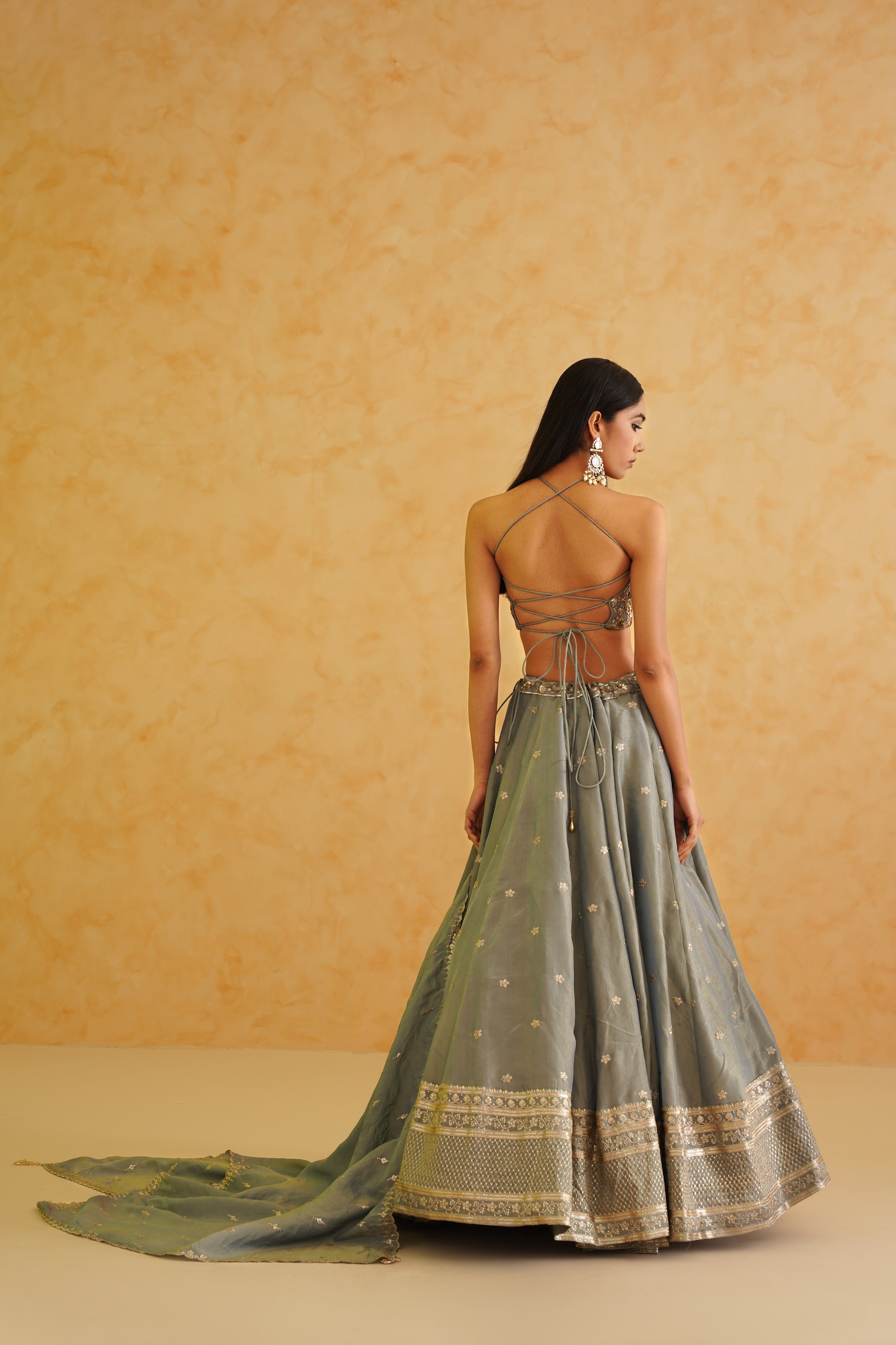 GREY GEORGETTE TISSUE LEHENGA, BLOUSE AND DUPATTA SET