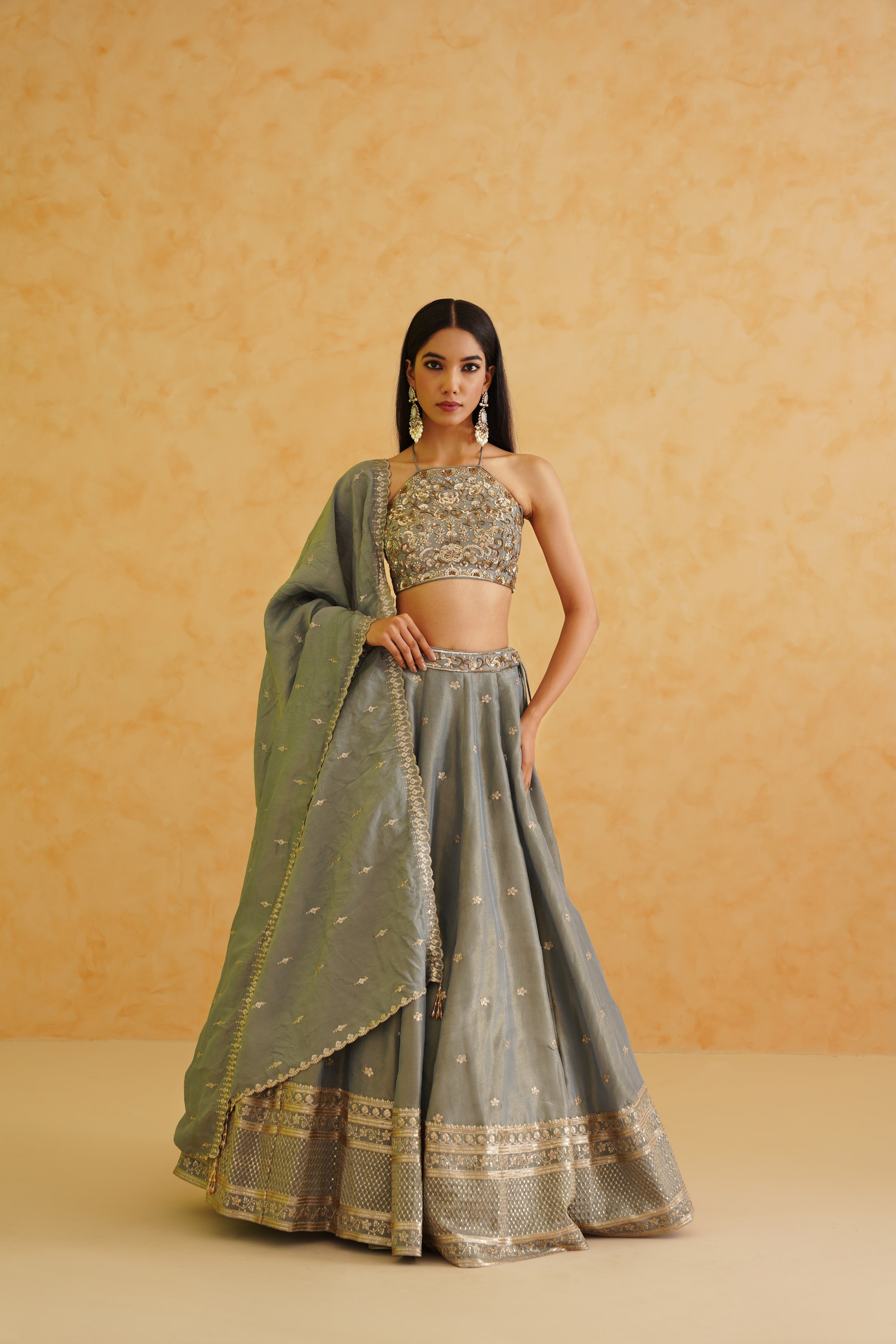 GREY GEORGETTE TISSUE LEHENGA, BLOUSE AND DUPATTA SET