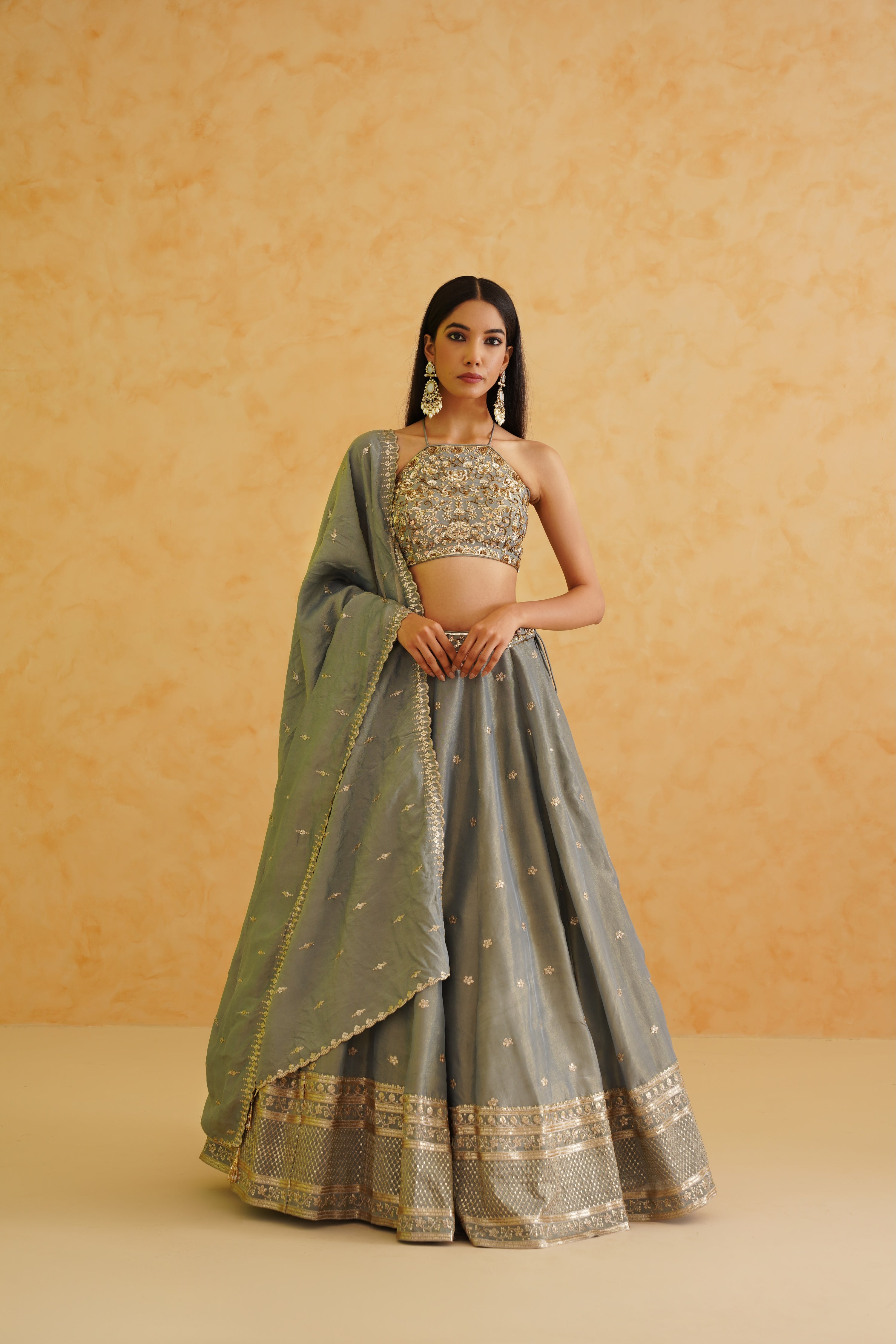 GREY GEORGETTE TISSUE LEHENGA, BLOUSE AND DUPATTA SET