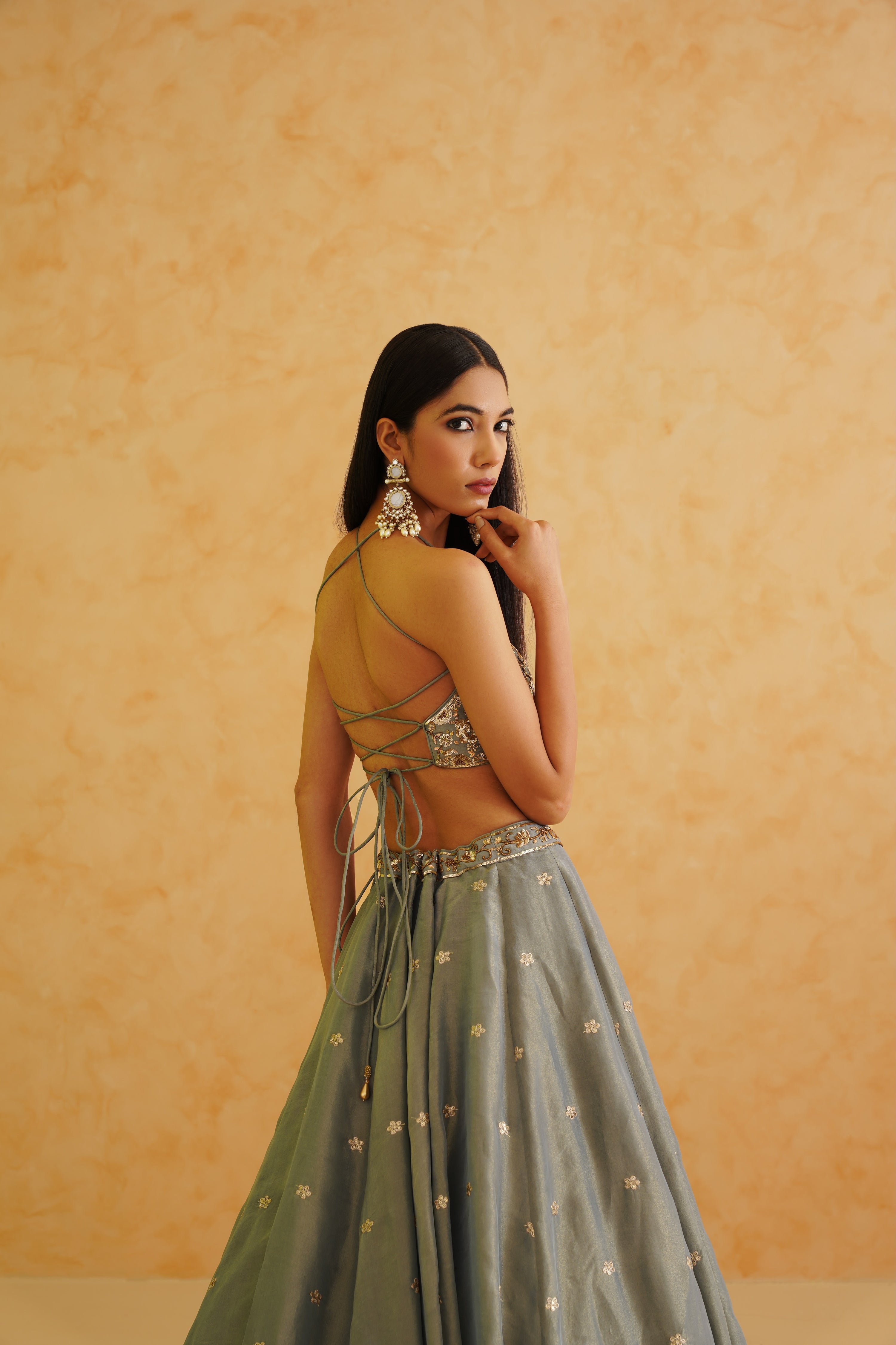 GREY GEORGETTE TISSUE LEHENGA, BLOUSE AND DUPATTA SET